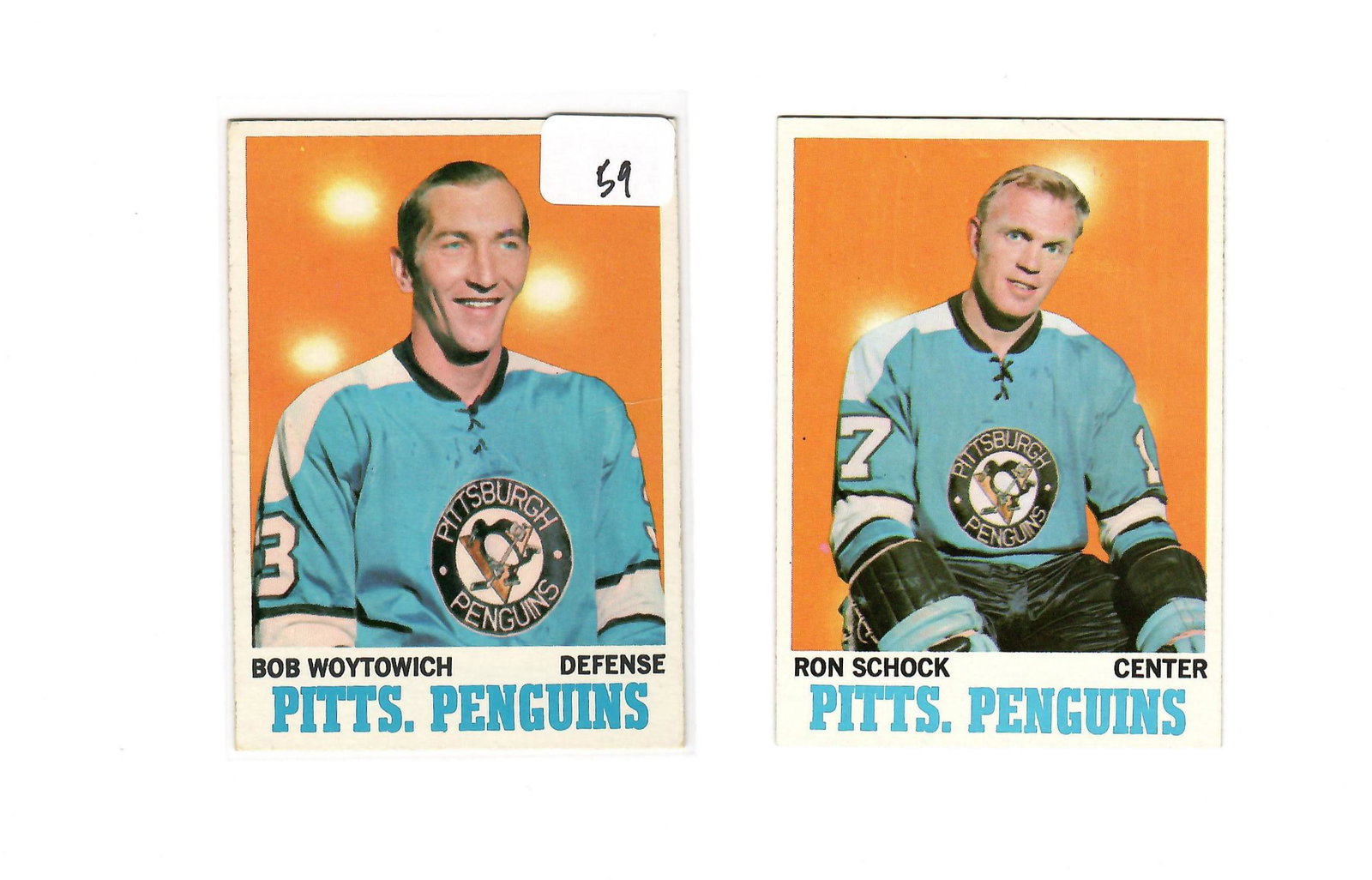 VINTAGE 1970 TOPPS HOCKEY CARDS: BOB WOYTOWICH AND RON SCHOCK PITTS. PENGUINS