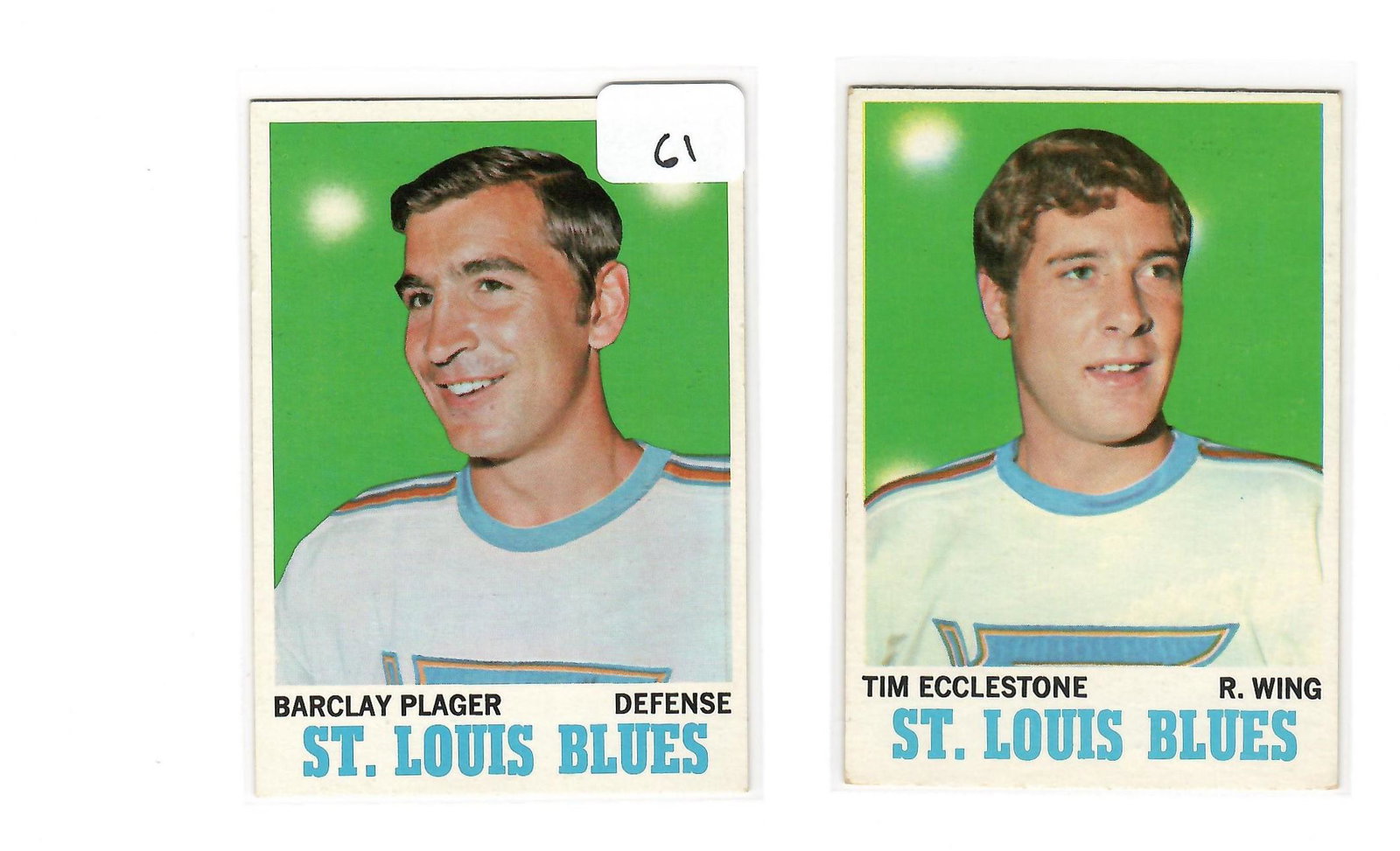 VINTAGE 1970 TOPPS HOCKEY CARDS: BARCLAY PLAGER AND TIM ECCLESTONE ST.LOUIS BLUES