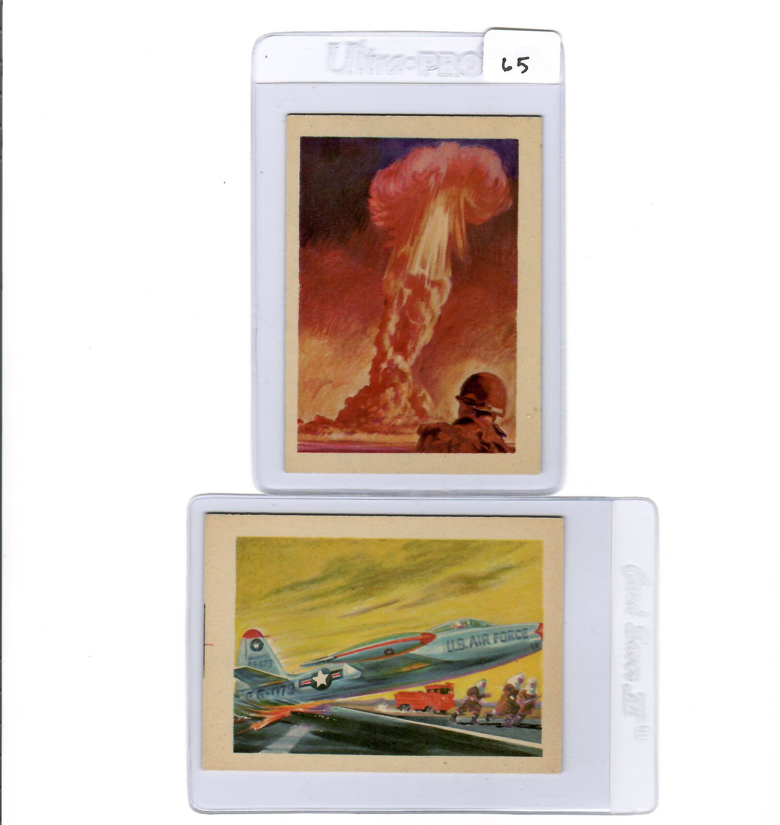 1956 GUM PRODUCTS ADVENTURE TRADING CARDS EXMT: CARD #71 AIR FORCE WHEN A FELLER NEEDS A FRIEND, ATOMIC BOMB TEST YUCCA NEVEADA