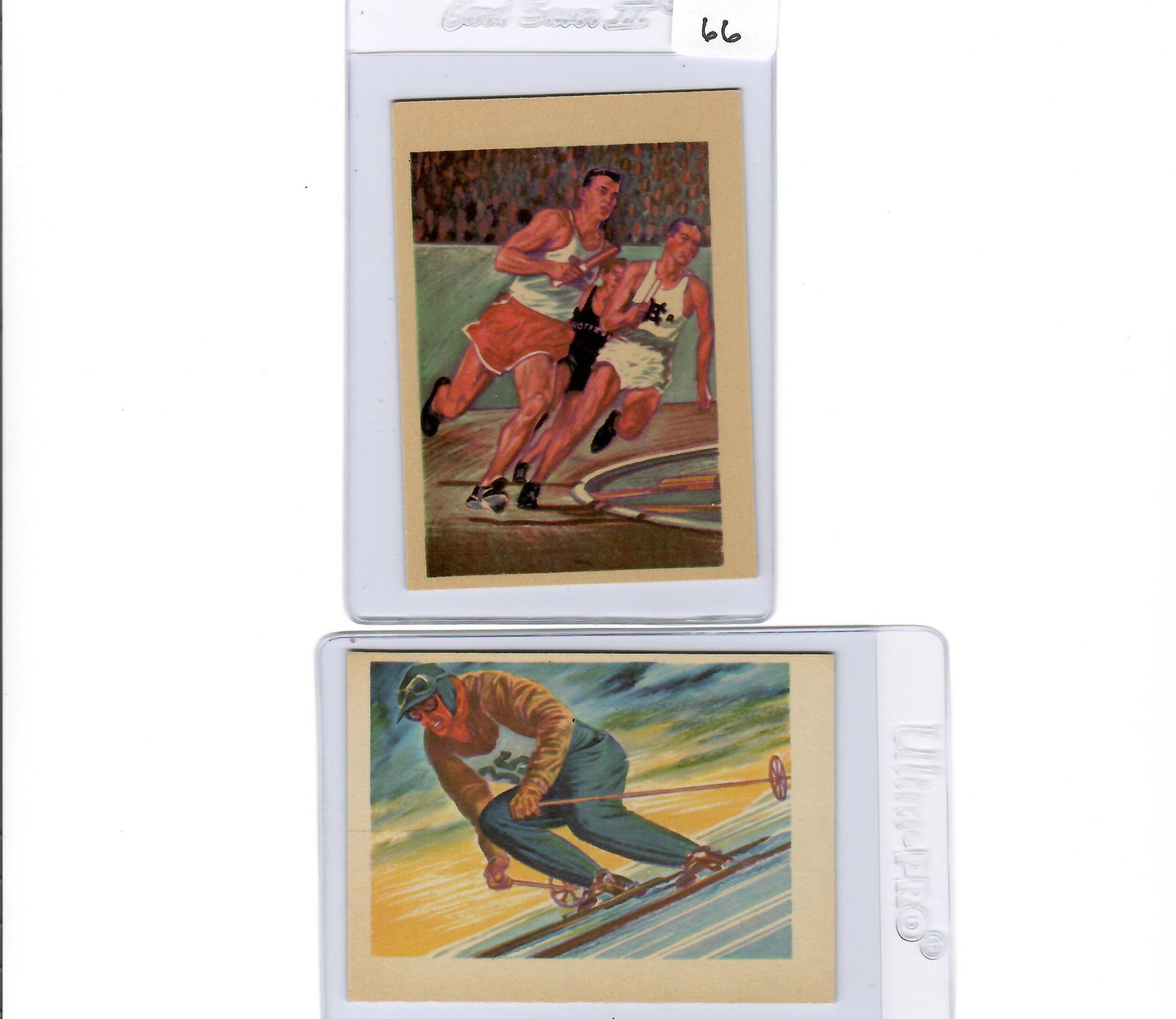 1956 GUM PRODUCTS ADVENTURE TRADING CARDS EXMT: CARD #9 AN ARMY OF SKY ENTHUSIASTS, #83 THE AGELESS SPORT