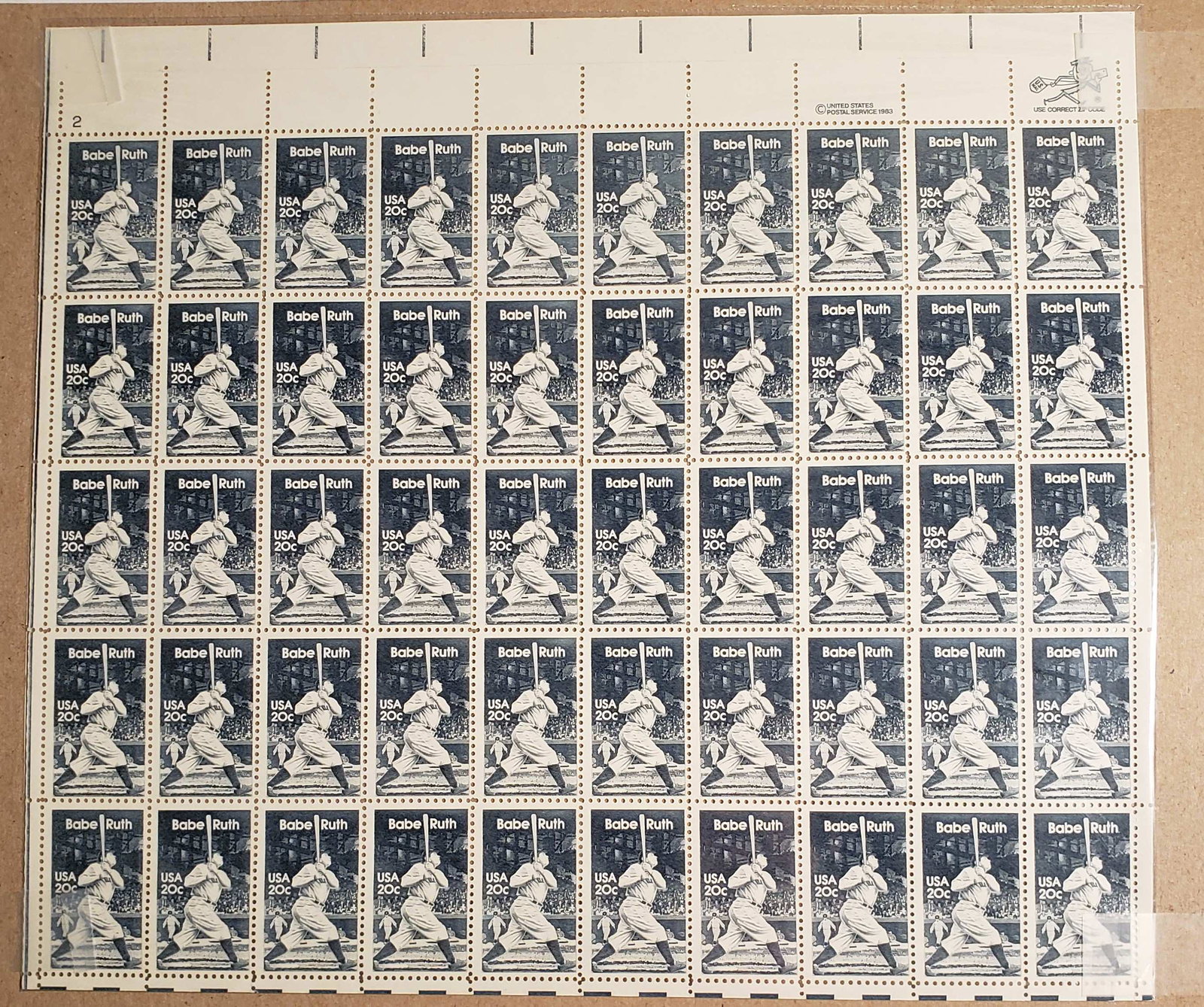 BABE RUTH Full Mint MNH Sheet of 50 Postage Stamps: 1983 BABE RUTH SCOTTS CAT #2046 Full Mint MNH Sheet of 50 Postage Stamps