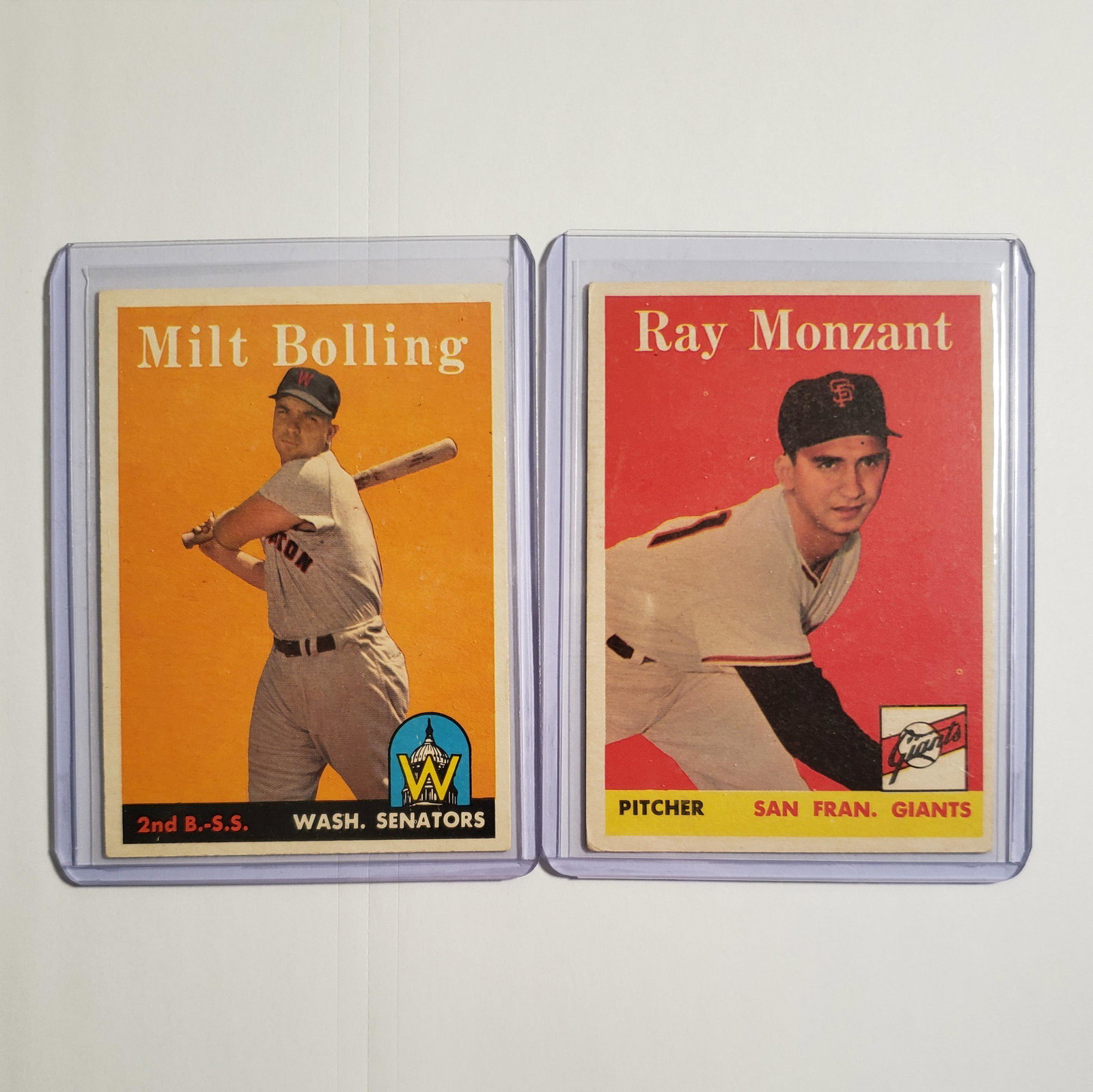 VINTAGE 1958 TOPPS BASEBALL CARDS: MILT BOLLING WASH. SENATORS & RAY MONZANT SF GIANTS