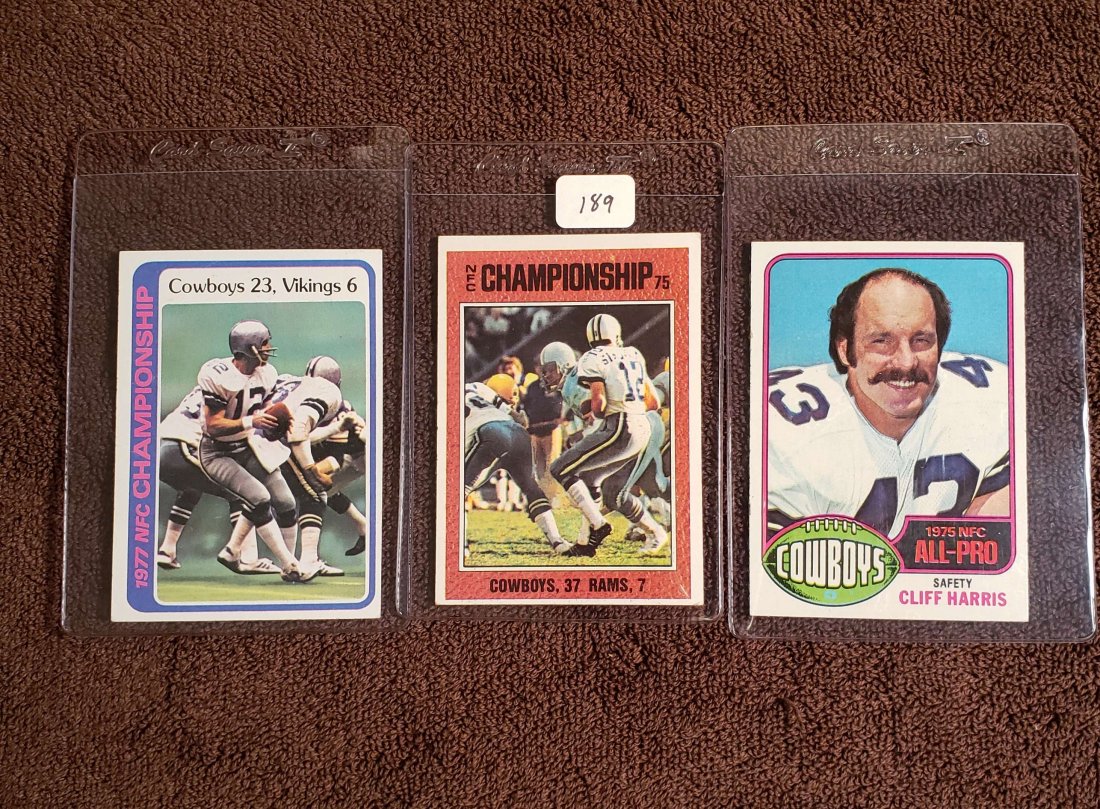 VINTAGE DALLAS COWBOYS FOOTBALL CARDS: 1976 TOPPS CLIFF HARRIS, 1978 TOPPS CHAMPIONSHIP GAME W/ ROGER STAUBACH, 1976 TOPPS CHAMPIONSHIP GAME W/ ROGER STAUBACH