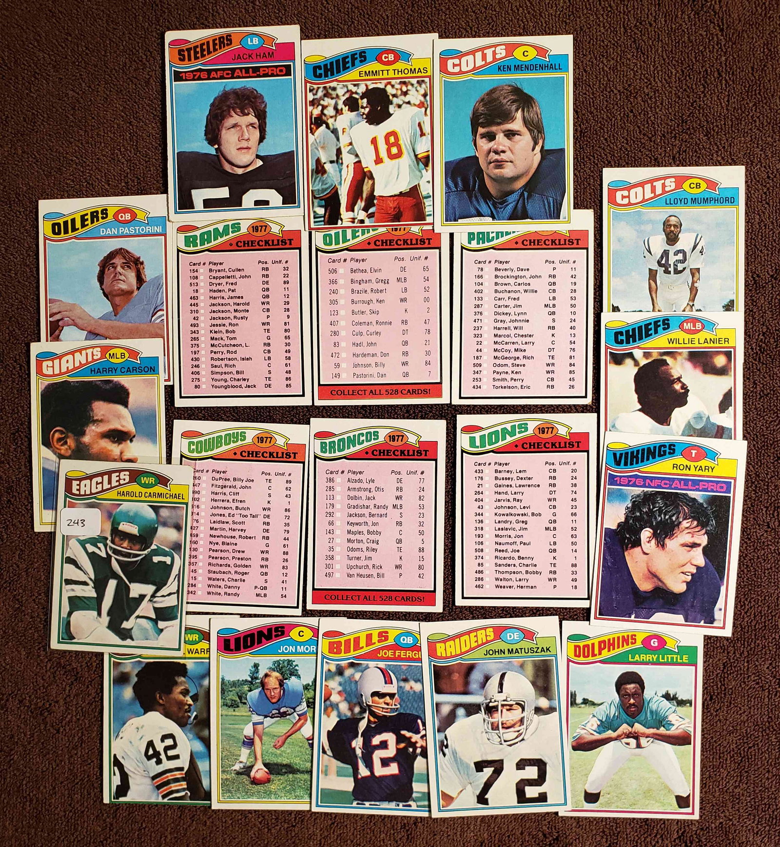 LOT OF 20 VINTAGE 1977 TOPPS FOOTBALL CARDS: NICE LOT WITH STARS AND HALL OF FAMERS JACK HAM, LARRY LITTLE, RON YARY