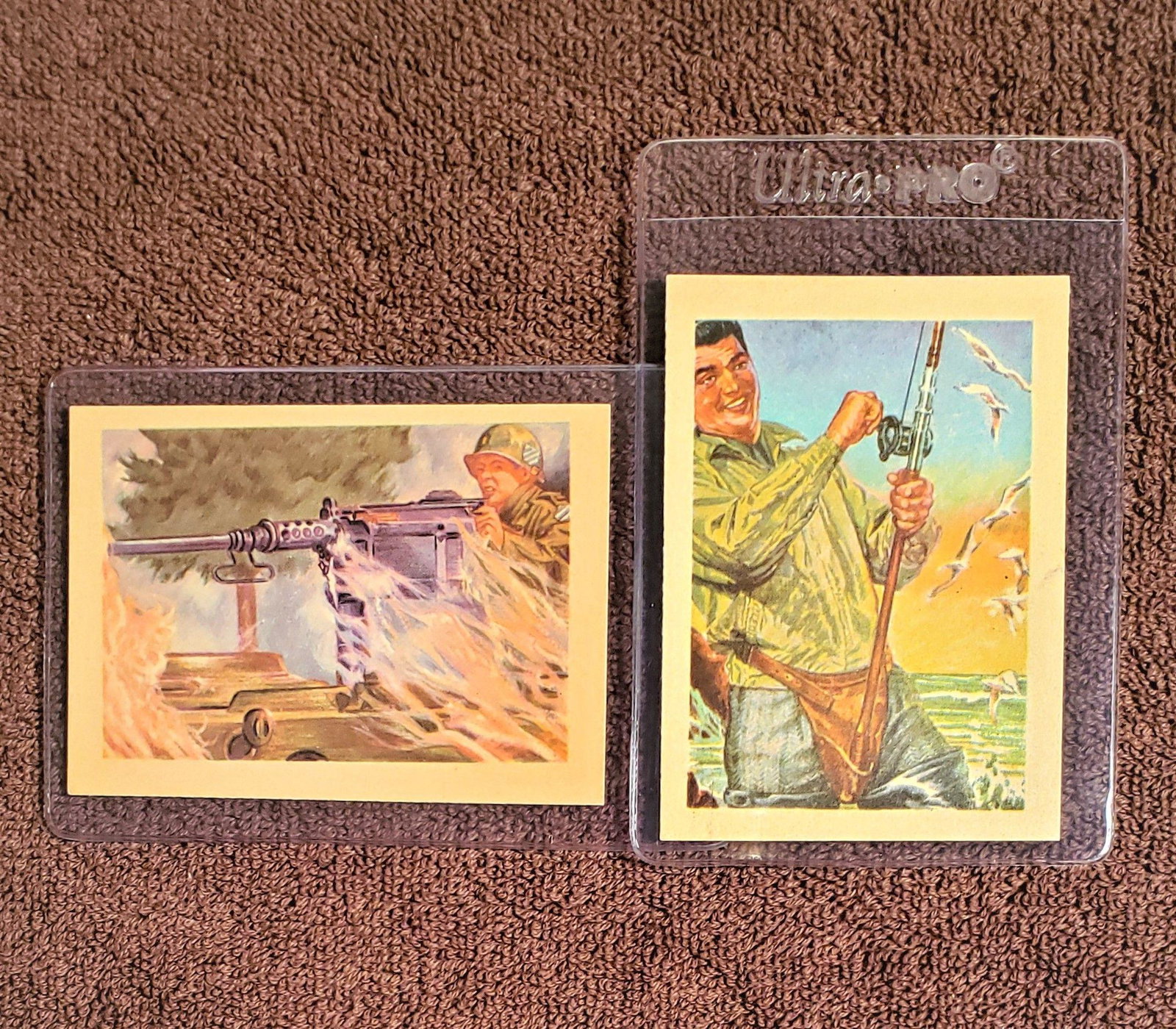 1956 GUM PRODUCTS-ADVENTURE TRADING CARDS EXMT: CARD NO. 23 AUDIE MURPHY REAL LIFE HERO, CARD NO.72 A FISHERMANS LIFE IS HAPPY