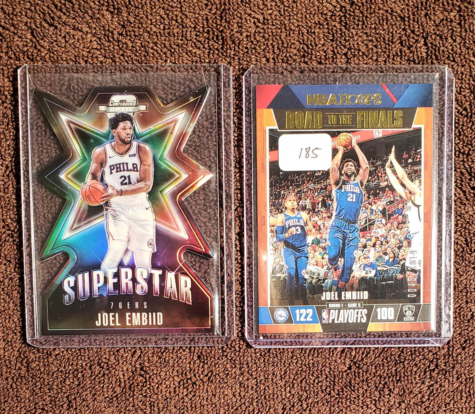LOT OF 2 JOEL EMBIID INSER/SHORT PRINT: 018-19 Contenders Optic Joel Embiid Die Cut Superstar Insert Silver Prizm 76ers.2019 NBA HOOPS ROAD TO THE FINALS 0045/2019
