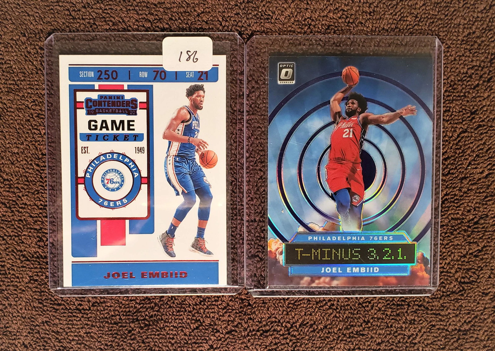 LOT OF 2 LOEL EMBIID CARDS RED FOIL SP: 2019-20 OPTIC T-MINUS INSERT, 2019-20 CONTENDERS JOEL EMBIID RED FOIL SP