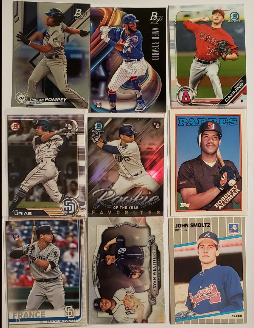 LOT OF 9 BEETER ROOKIE BASEBALL CARDS: LUIS URIAS, AMED RASARIO, JOHN SHMOLTZ HOF, ROBERTO ALOMAR HOF