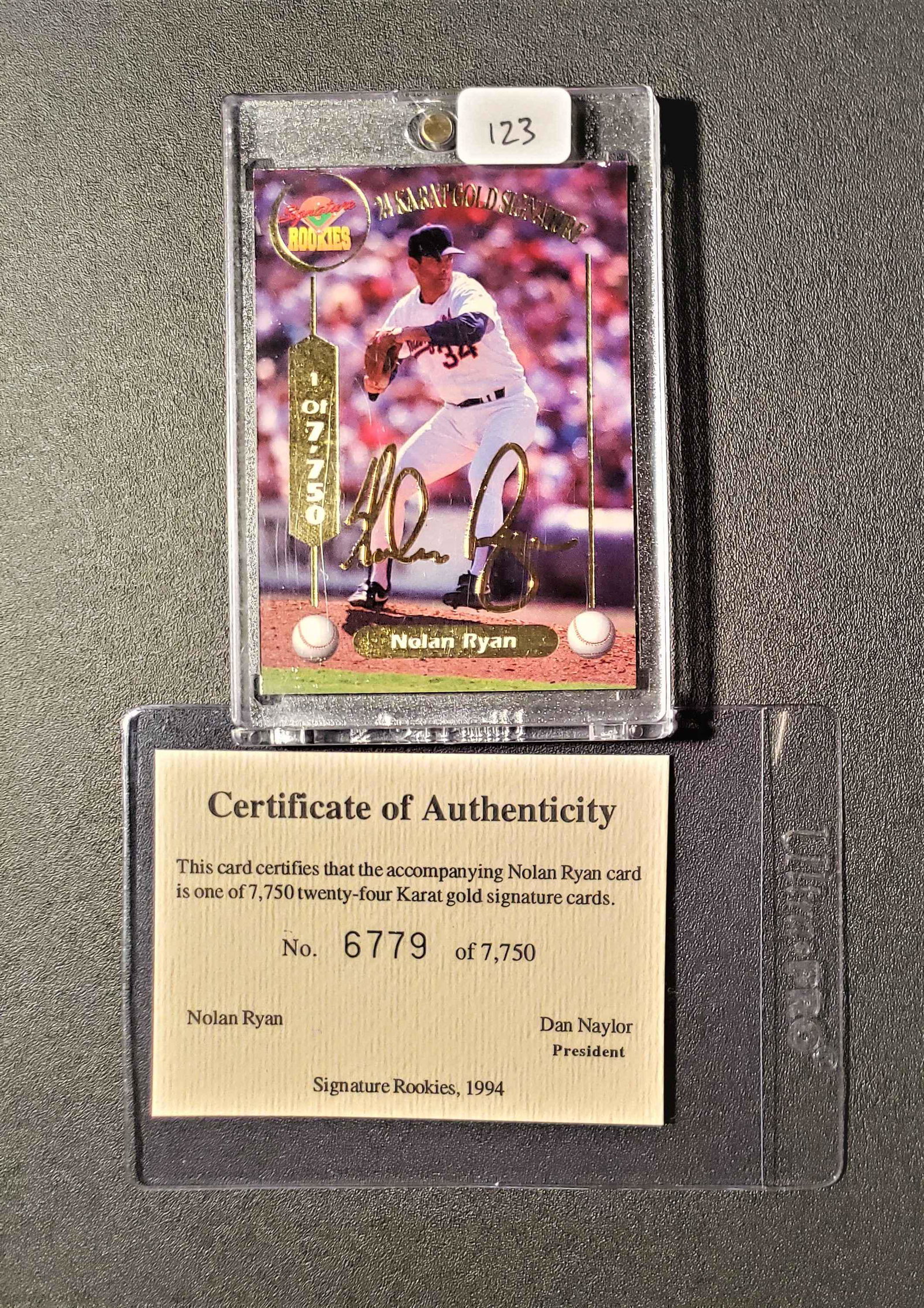 NOLAN RYAN SERIAL NUMBERED 24k GOLD SIGNATURE 1 OF 7750: NICE CARD WITH COA. IN ONE TOUCH HOLDER