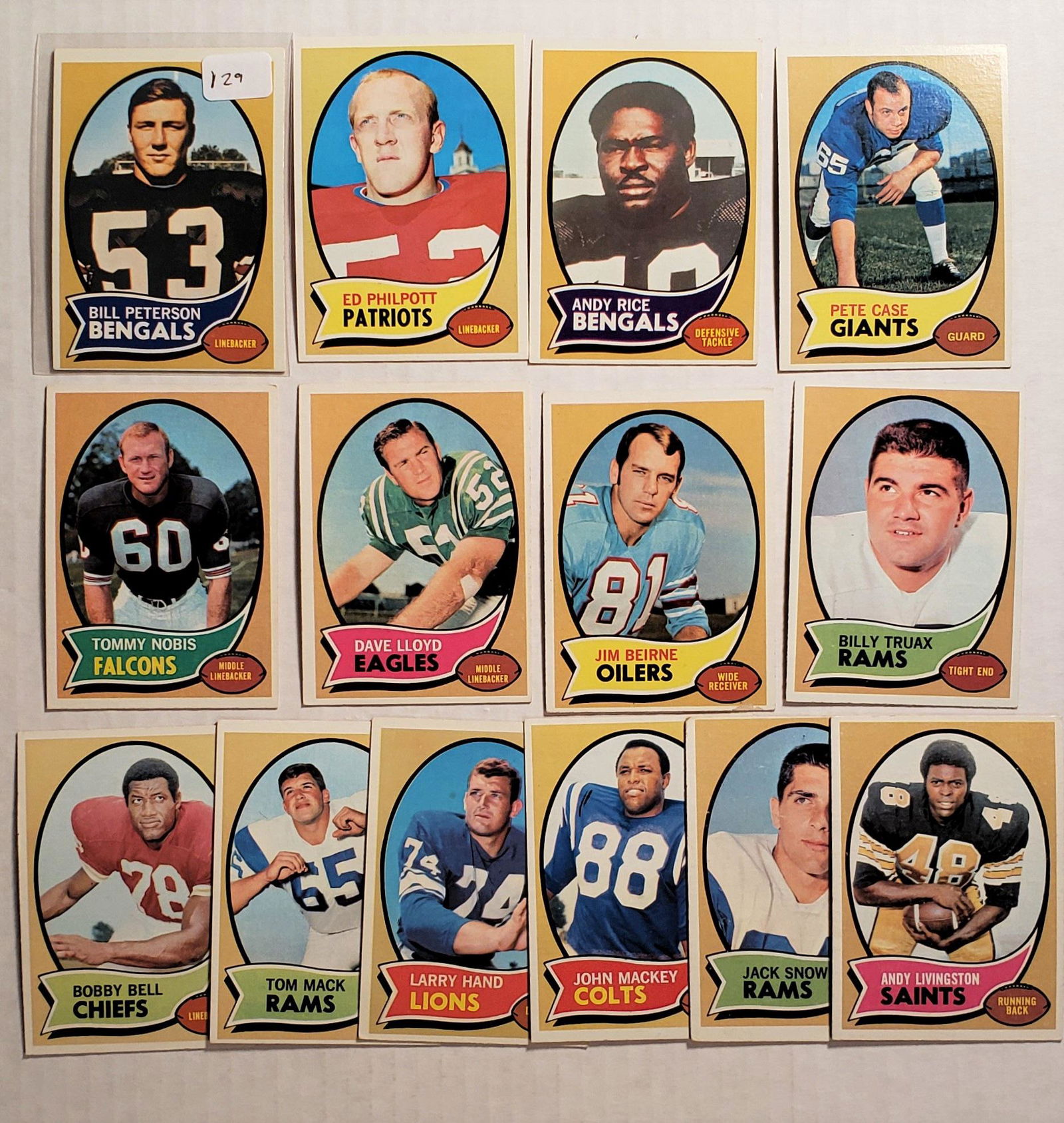 LOT OF 14 VINTAGE FOOTBALL CARDS W/ STARS & HOFERS: 1970 TOPPS TOMMY NOBIS, BOBBY BELL, TOM MACK, JOHN MACKEY
