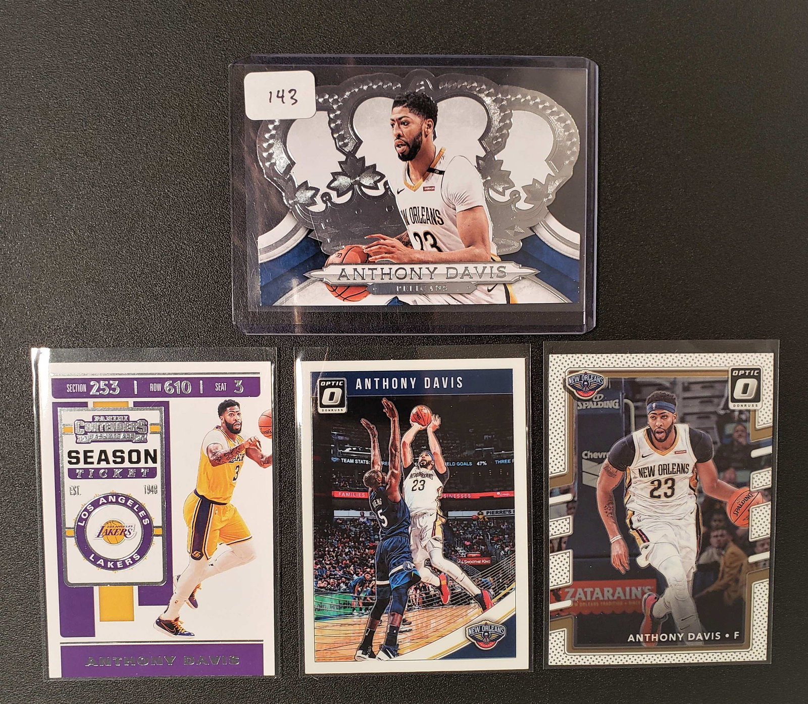 ANTHONY DAVIS LA LAKERS/NO PELICANS LOT: 2018-19 CROWN ROYALE, 2017-18 OPTIC, 2018-19 OPTIC, 209-20 CONTENDERS