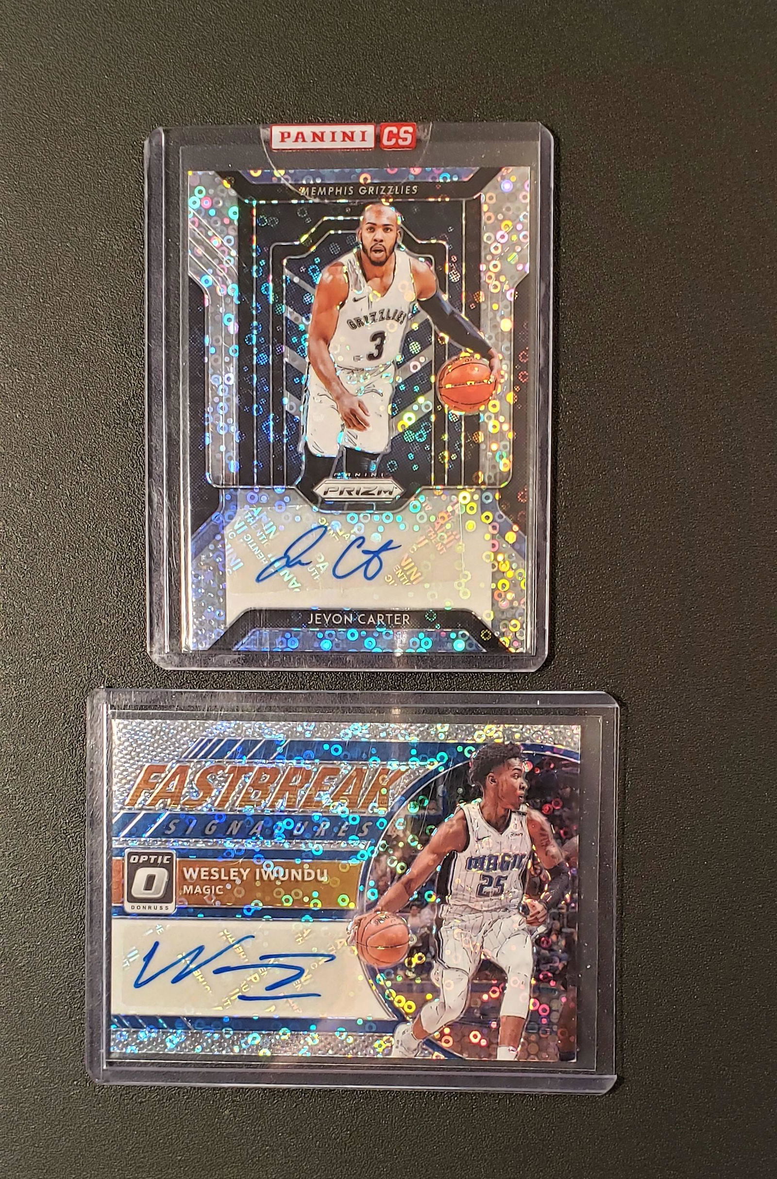 LOT OF 2 OPTIC/PRIZM FAST BREAK PRIZM AUTOS: JEVON CARTER REDEMTION AUTO, WESLEY IWUNDU FASTBREAK SIGS