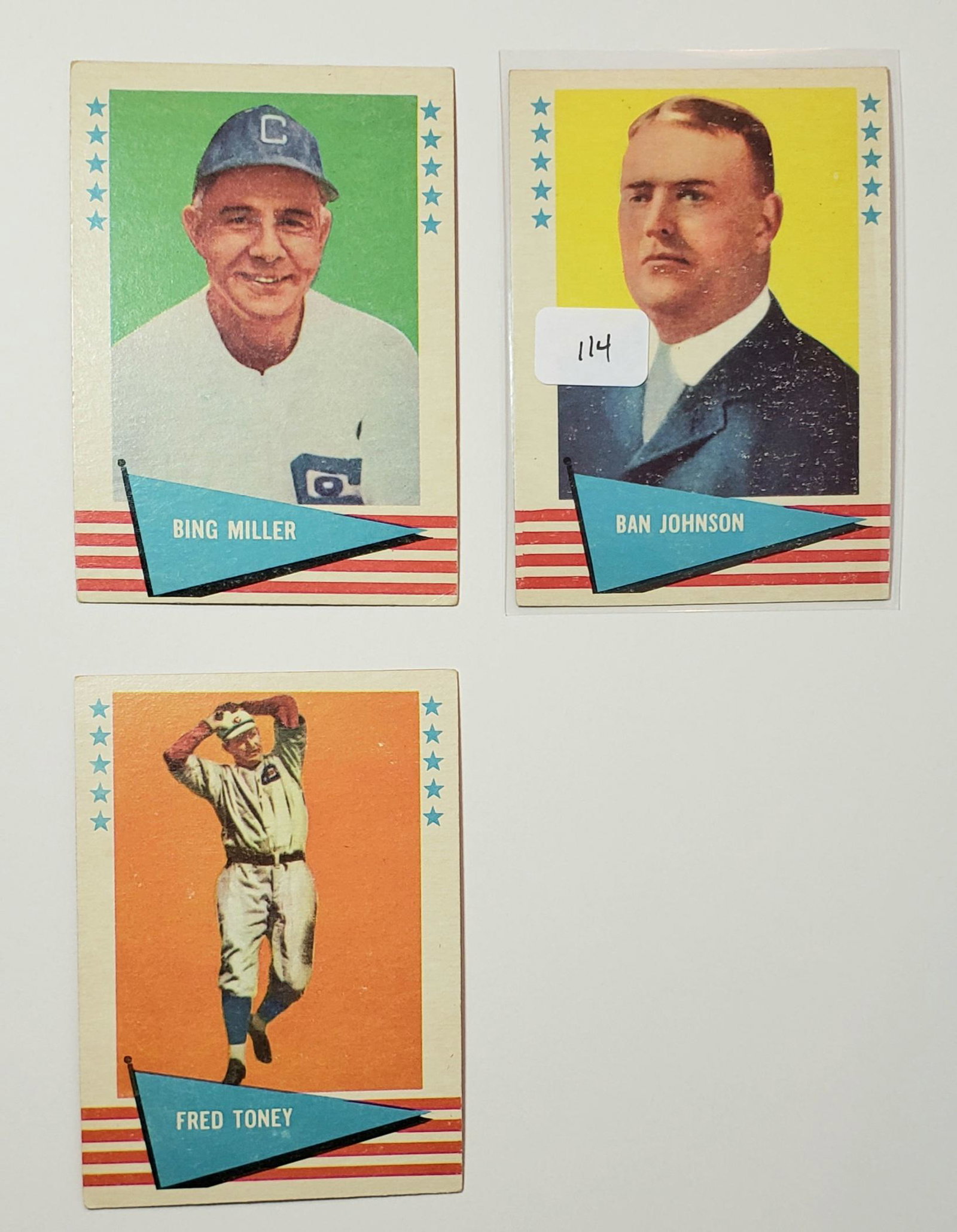 1961 FLEER BASEBALL GREATS CARDS #48, 62, 80: BAN JOHNSON, BING MILLER, FRED TONEY