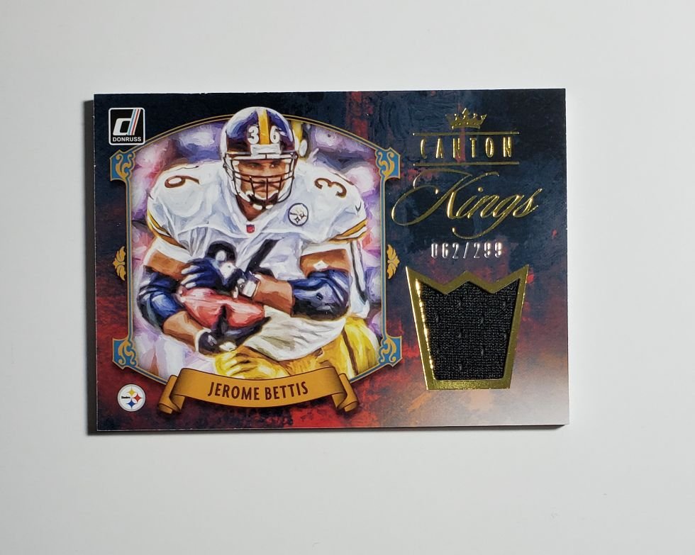 Jerome Bettis The Bus Game used Jersey Card #'d to 299: 2020 Gridiron Kings Hall of famer Jerome Bettis Steelers Jersey relic card serial numbered out of 299.