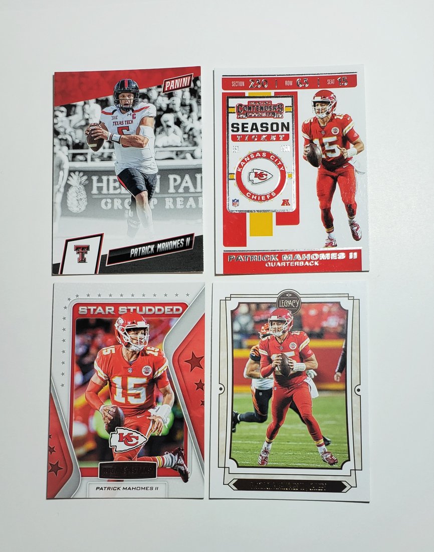 LOT OF 4 PATRICK MAHOMES KC CHIEFS CARDS: 2019 THE NATIONAL, 2019 LEGACY, 2019 CONTENDERS, STAR STUDDED RED FOIL PARALLEL