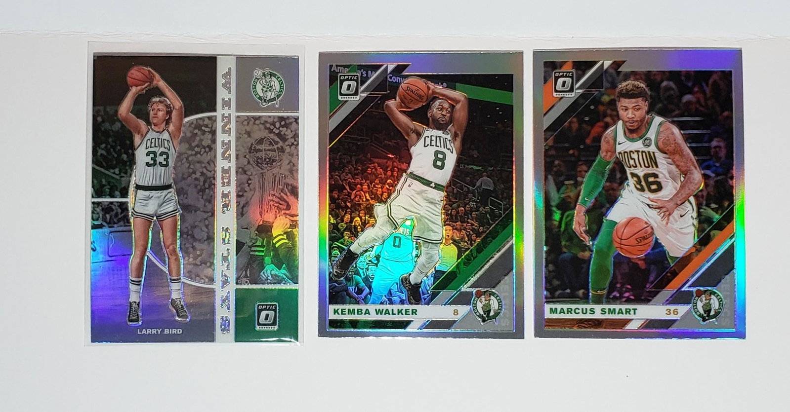 2019-2020 BOSTON CELTICS HOLO PRIZM SPS: LARRY LEGEND BANNER STATS, KEMBA WALKER, MARCUS SMART SILVER HOLO