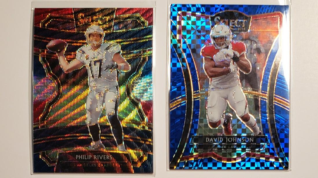 2019 SELECT PRIZMS PHILIP RIVERS 095/199, DAVID JOHNSON: 2019 SELECT TRI COLOR PHILIP RIVERS, BLUE CHECKERBOARD DAVID JOHNSON