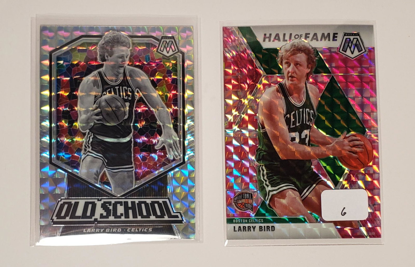2019-20 MOSAIC LARRY BIRD PRIZM SPS: HALL OF FAME PINK MOSAIC, OLD SCHOOL SILVER MOSAIC