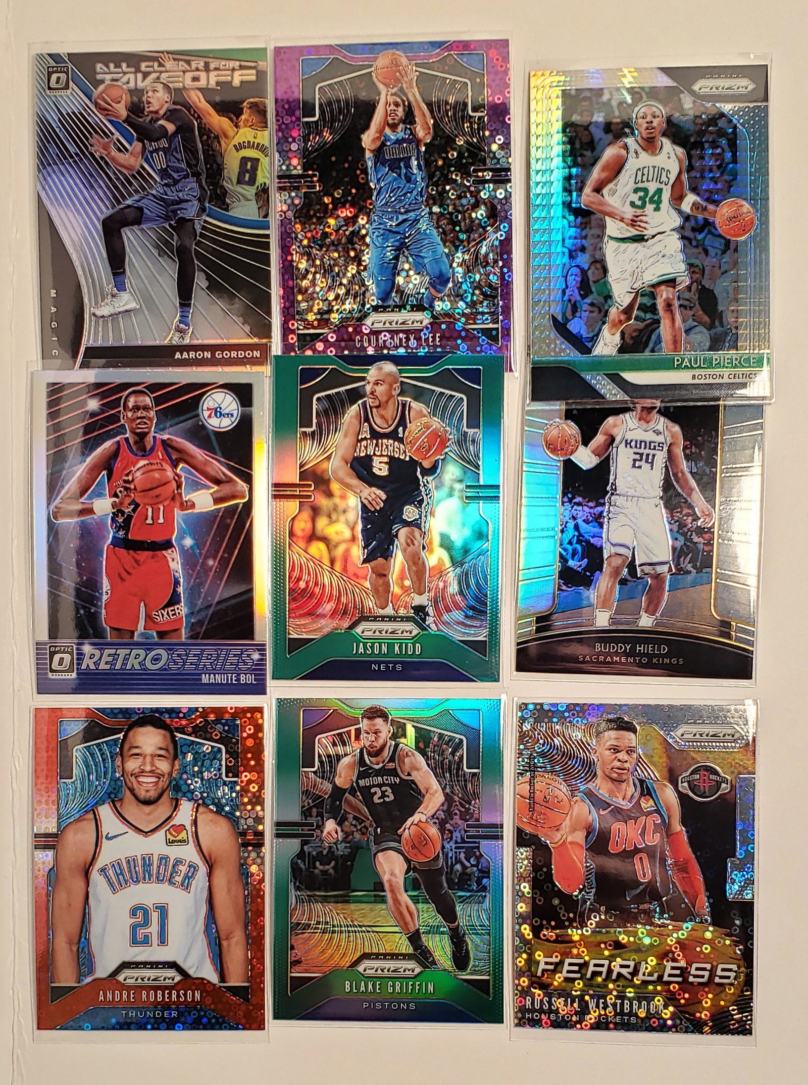 LOT OF 9 BASKETBALL HOLO PRIZM PARALLELS/SPS: PAUL PIERCE HYPER PRIZM, MANUTE BOL SILVER, COURTNEY LEE PURPLE DISCO