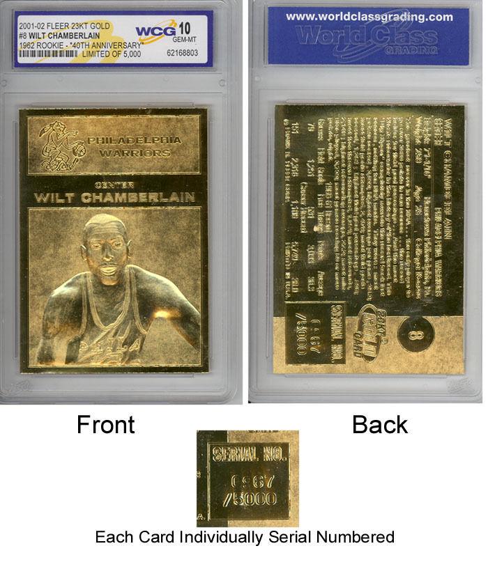 Gem-Mint 10 WILT CHAMBERLAIN 23kt GOLD ROOKIE Card: GRADED WILTCHAMBERLAIN 1962 FLEER 23kt GOLD REPLICA ROOKIE CARD
