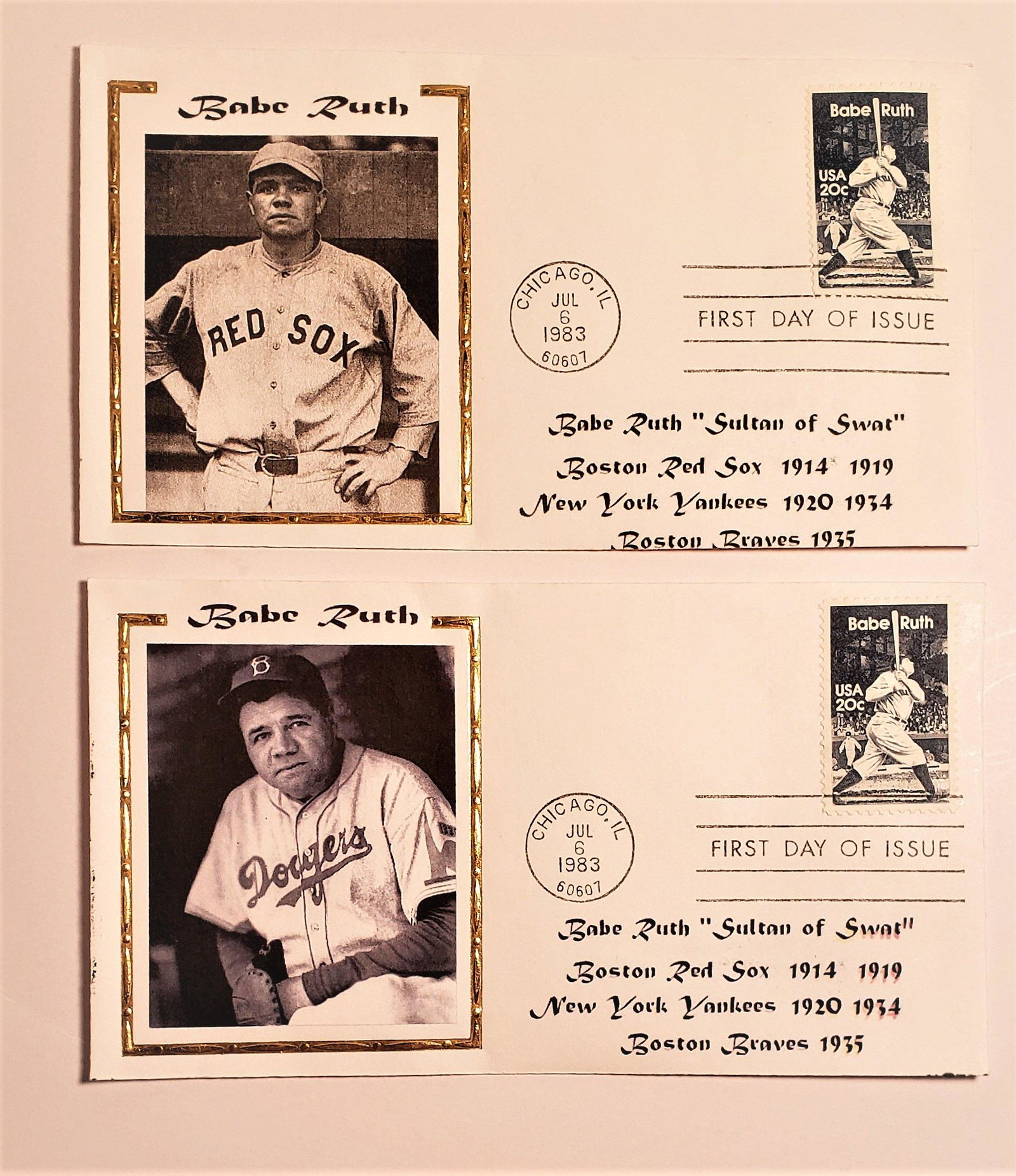 LOT OF 2 BABE RUTH YANKEES SULTAN OF SWAT 1ST DAY: 1983 BABE RUTH FIRST DAY COVERS THE GREAT BAMBINE, SULTAN OF SWAT