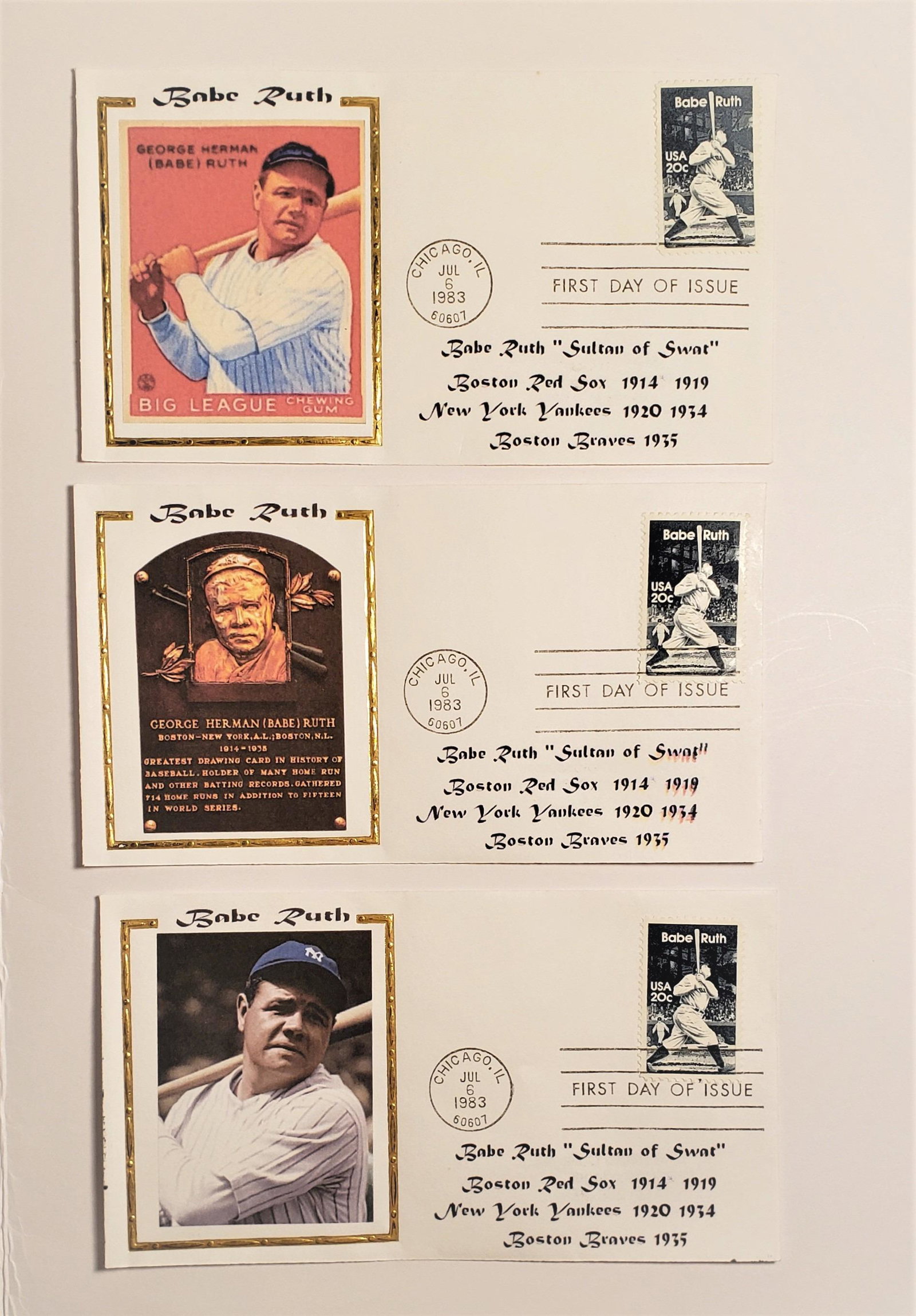 LOT OF 3 BABE RUTH YANKEES SULTAN OF SWAT 1ST DAY: 1983 BABE RUTH FIRST DAY COVERS THE GREAT BAMBINE, SULTAN OF SWAT