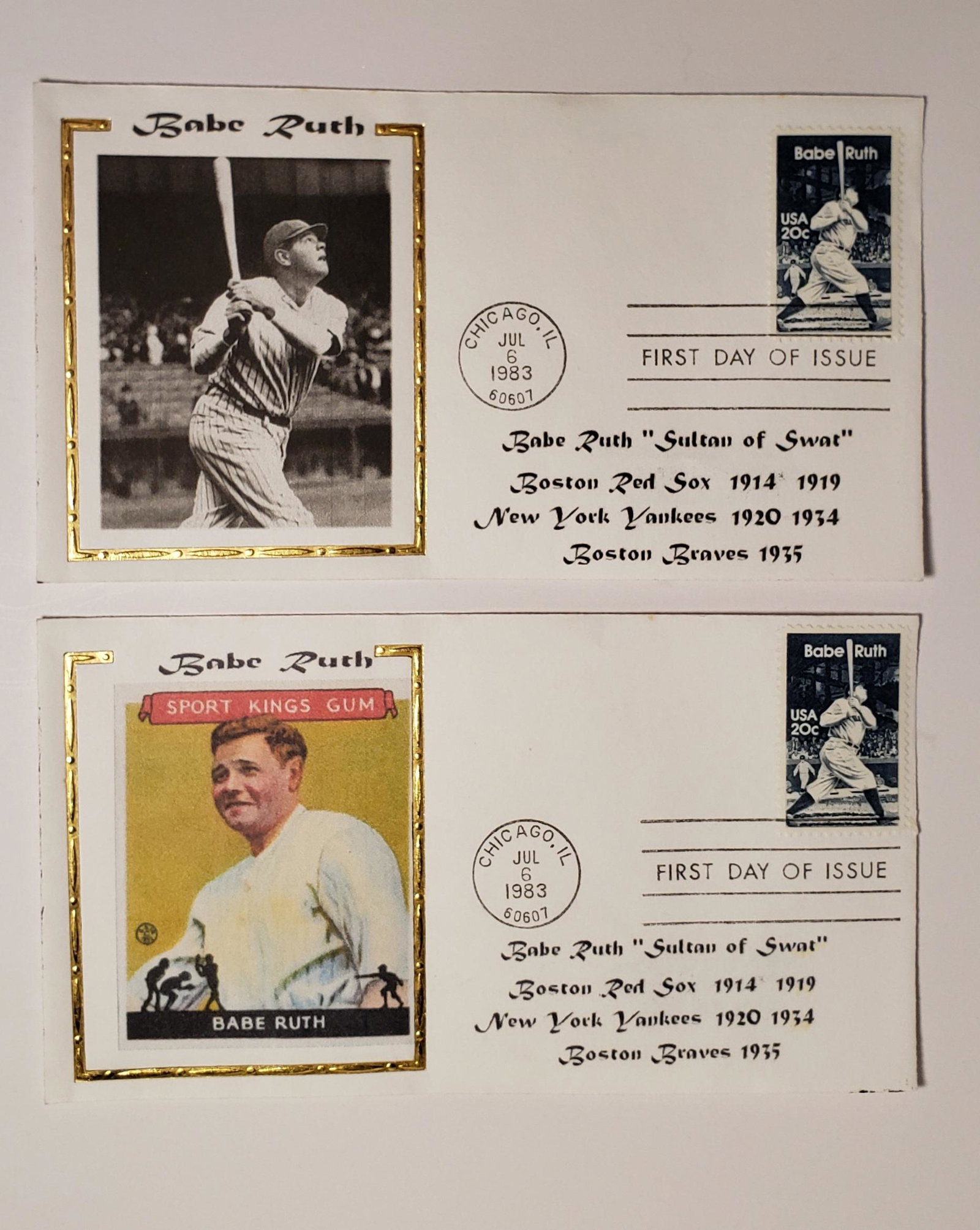 LOT OF 2 BABE RUTH YANKEES SULTAN OF SWAT 1ST DAY: 1983 BABE RUTH FIRST DAY COVERS THE GREAT BAMBINE, SULTAN OF SWAT