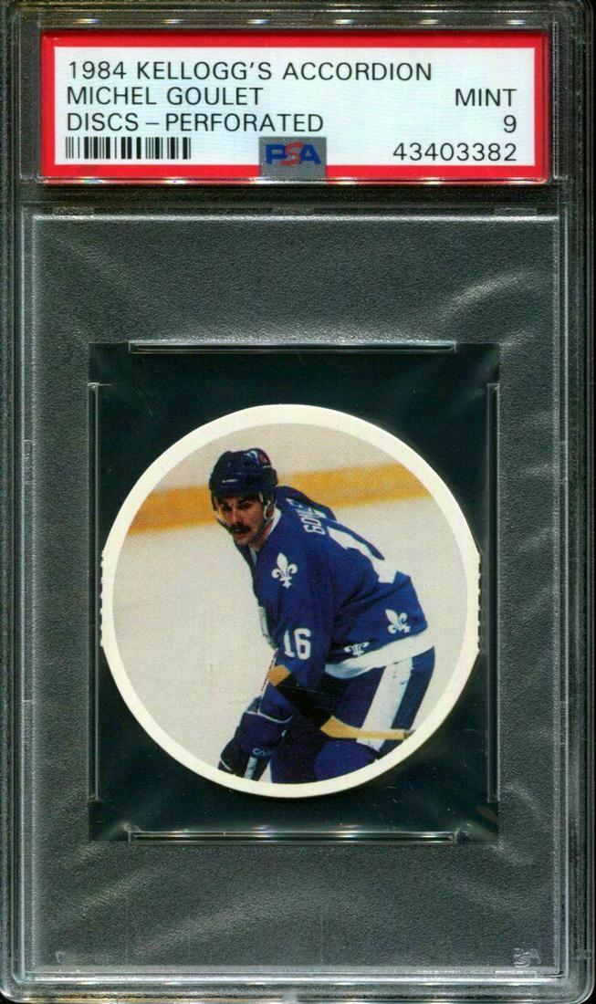 LOW POP 1984 KELLOGG'S ACCORDION DISCS-MICHEL GOULET: PSA 9 GRADED 1984 KELLOGG'S ACCORDION DISCS-PERF. MICHEL GOULET HOF POP 2 PSA 9