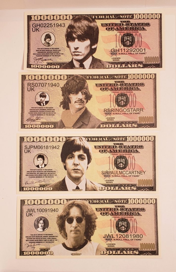 THE BEATLES FAB FOUR FANTASY CURRENCY: JOHN PAUL GEORGE AND RINGO ON MILLION DOLLAR FANTASY BILL ECH WITH A UNIQUE IMAGE ON REVERSE