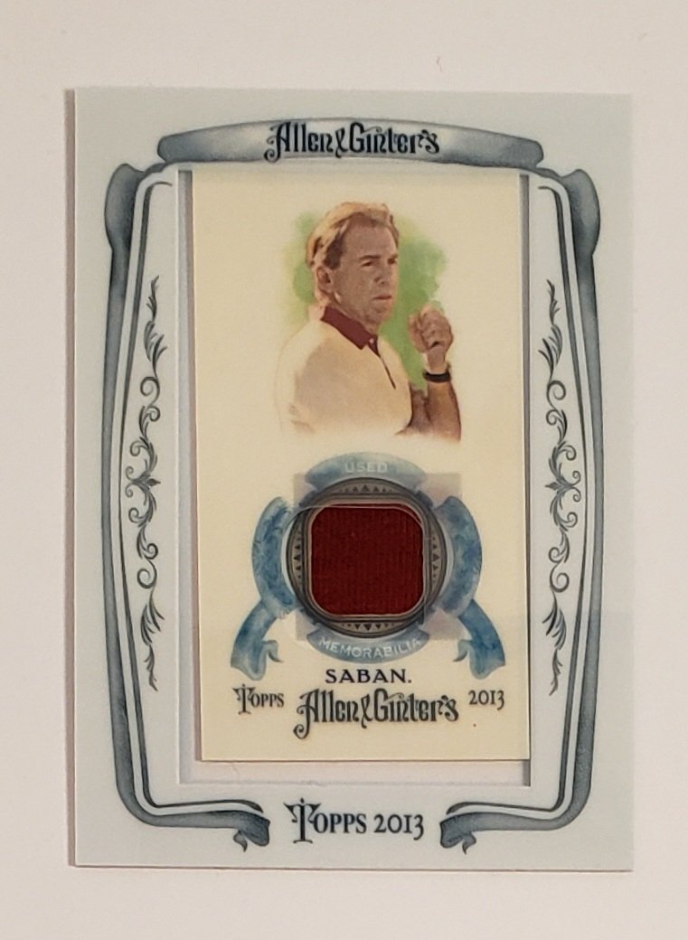 NICK SABAN ALABAMA CRIMSON TIDE GU MEMORABILIA CARD: 2010 TOPPS ALLEN AND GINTER FRAMED MIN RELIC COACH NICK SABAN ALABAMA CRIMSON TIDE GAME USED MEMORABILIA CARD