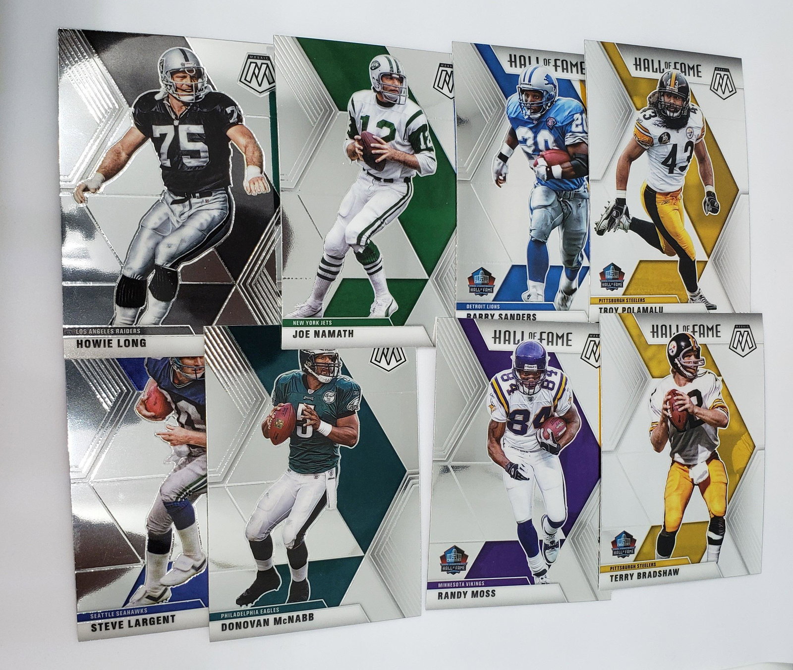 LOT OF 8 MOSAIC LENGENDS OF FOOTBALL, HOF INSERTS: JOE NAMATH, BARRY SANDERS, HOWIE LONG