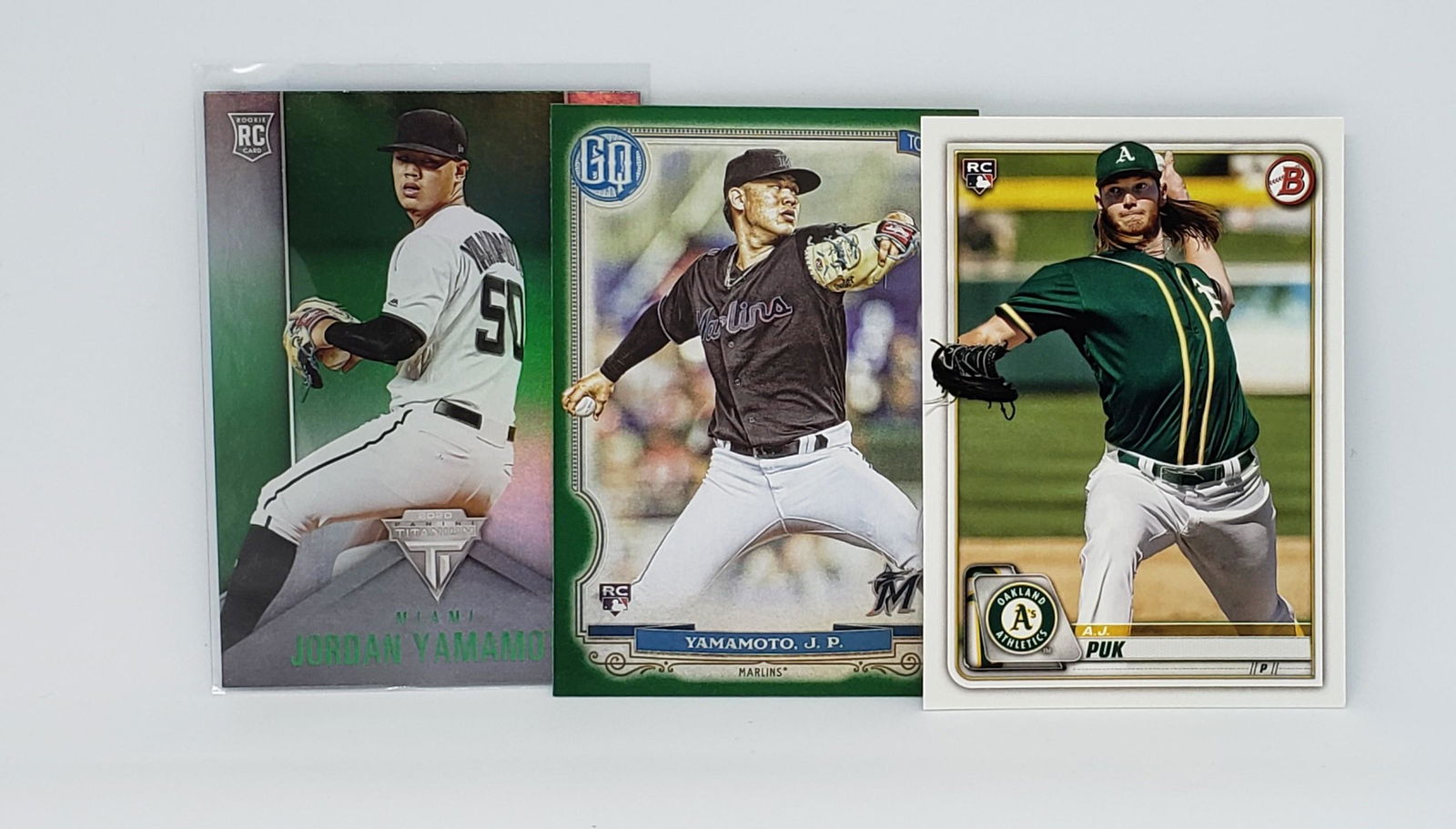 LOT OF 3 BETTER ROOKIE BASEBALL WITH SPS: AJ PUK 2020 BOWMAN RC, JORDAN YAMAMOTO GYPSY QUEEN GREEN PARALLEL, 2020 PANINI TITANIUM GREEN FOIL SP