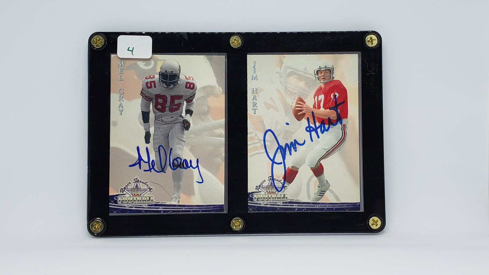 MEL GREY AND JIM HART ST. LOUIS CARDINALS AUTOGRAPHS: CARDINALS FOOTBALL STARS AUTO IN ACRYLIC CASE WITH COA