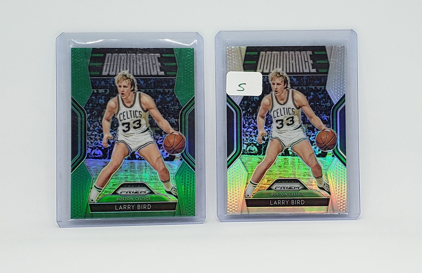 LARRY BIRD BOSTON CELTICS LARRY LEGEND PRIZM: 2018-19 PANINI PRIZM DOMINANCE INSERT SILVER AND GREEN PRIZMS