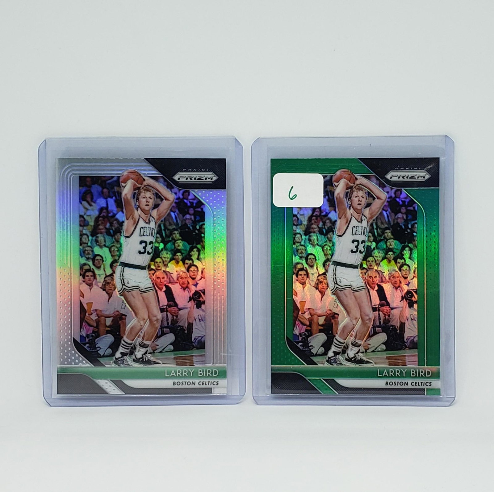 LARRY BIRD BOSTON CELTICS LARRY LEGEND PRIZM: 2018-19 PANINI PRIZM #85 LARRY BIRD SILVER AND GREEN PRIZMS