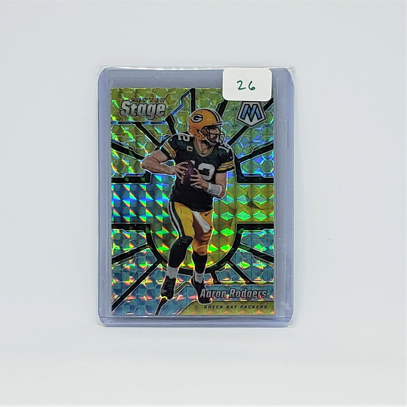AARON RODGERS MOSAIC CENTER STAGE SSP PRIZM INSERT: AARON RODGERS 2020 PANINI MOSAIC CENTER STAGE PRIZM INSERT SSP GREEN BAY PACKERS