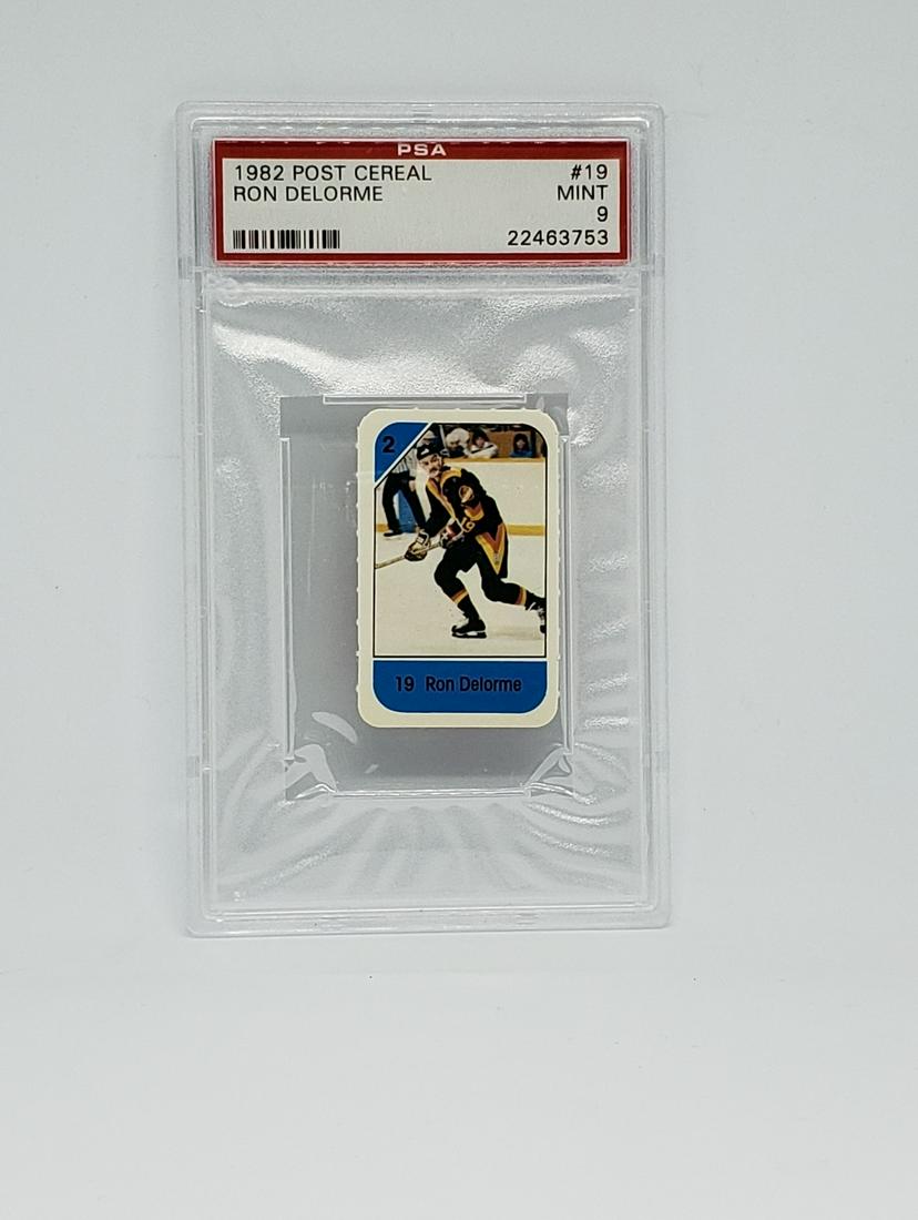 PSA GRADED POST CEREAL HOCKEY MINI CARD RON DELORME: 1982 POST CEREAL RON DELORME CANUCKS POP 4 PSA 9