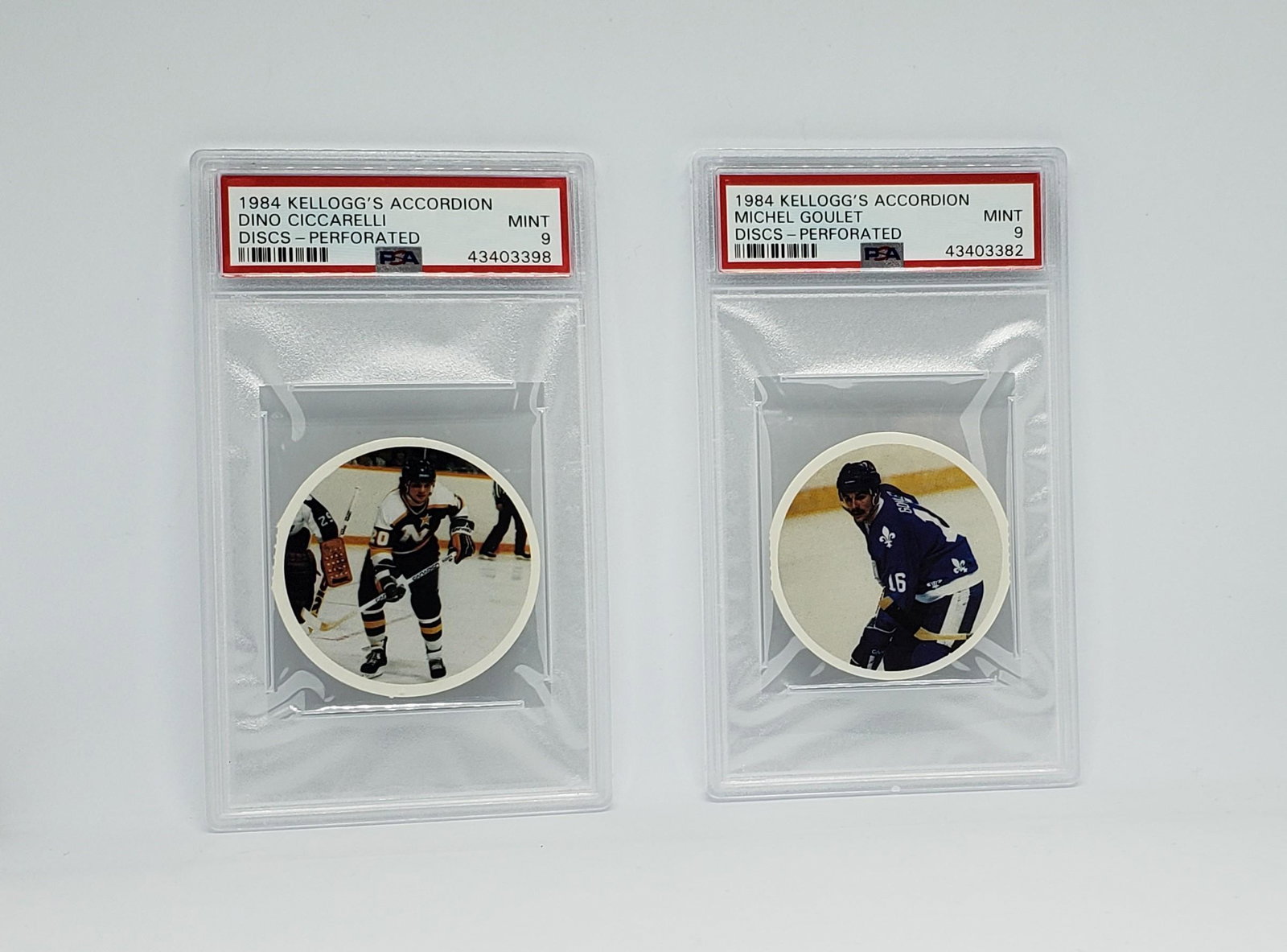 PSA 9 MINT KELLOGS DISKS NHL HOFERS CICCARELLI, GOULET: 1984 KELLOGG'S ACCORDION DISCS-PERF. DINO CICCARELLI HOF POP2 PSA 9, MICHEL GOULET HOF POP 2 PSA 9