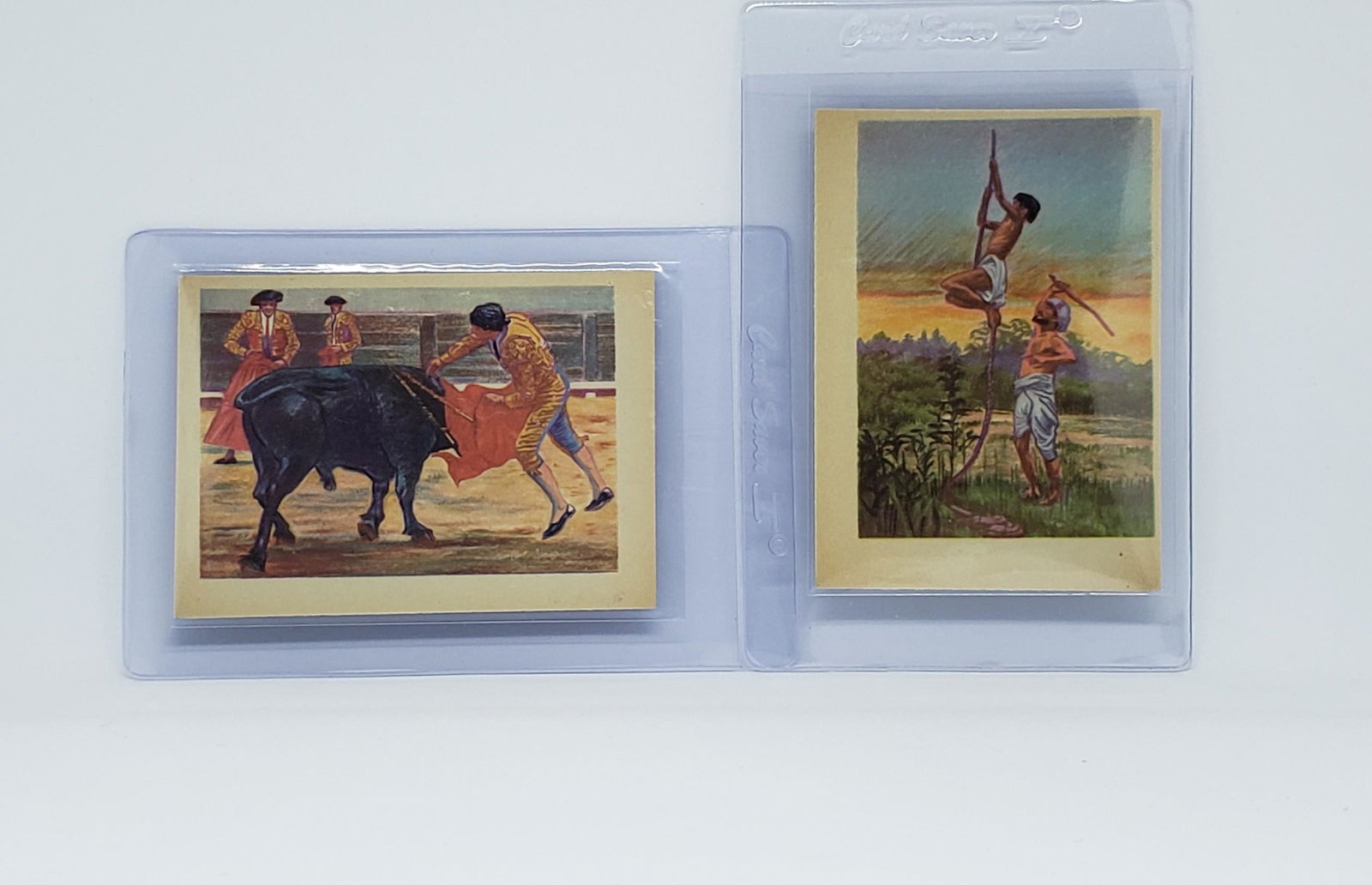 1956 ADVENTURE CARDS BY GUM PROD. INC EXMT CONDTION: CARD #3 INDIAN ROPE TRICK, CARD #4 MANOLETTE SUPREME BULL-FIGHTER