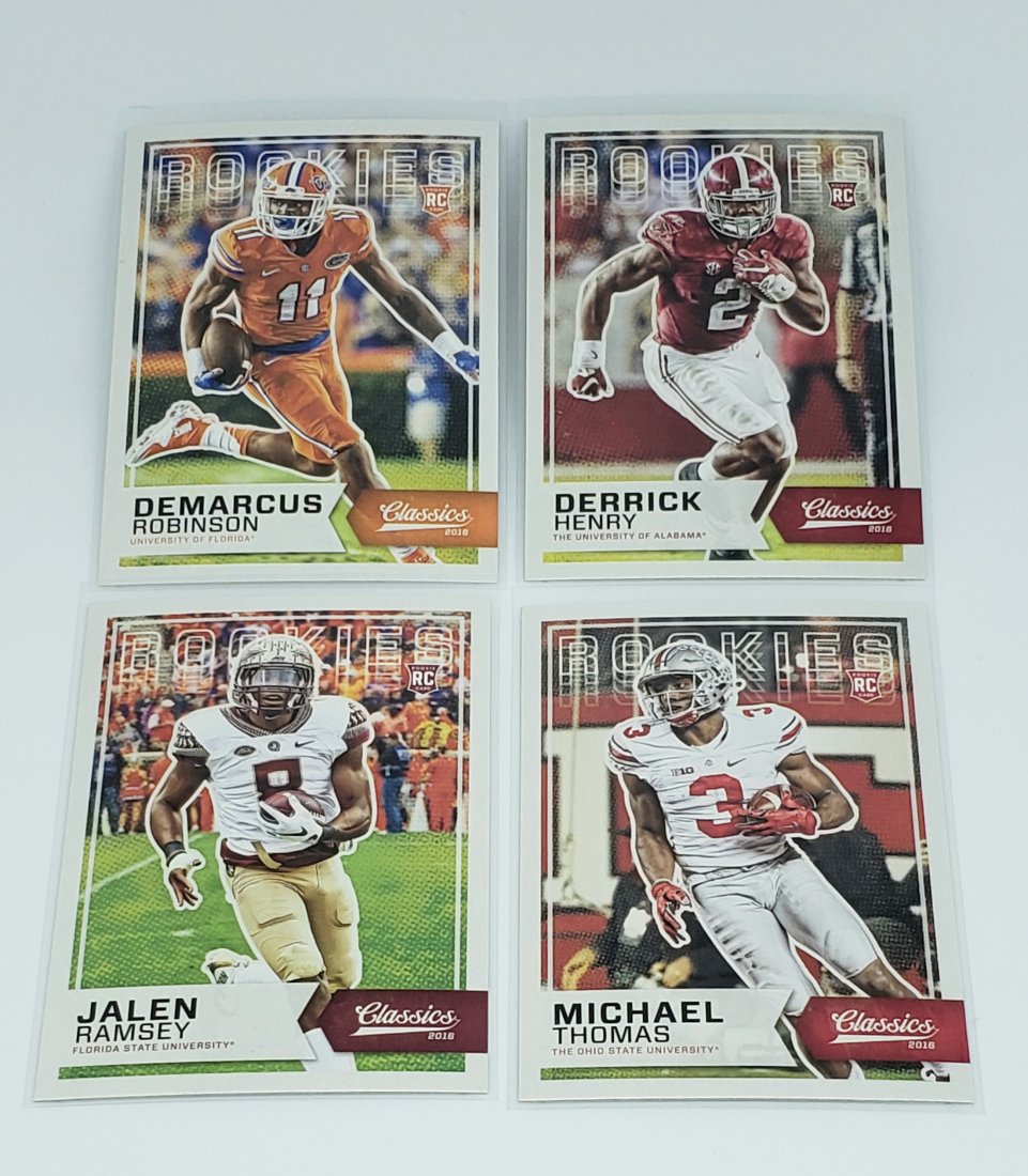 2016 PANINI CLASSICS ROOKIE FOOTBALL CARDS: HEISMAN WINNER DERRICK HENRY TITANS, MICHAEL THOMAS SAINTS, D-ROB KC CHIEFS, JALEN RAMSEY LA RAMS ROOKIE CARDS