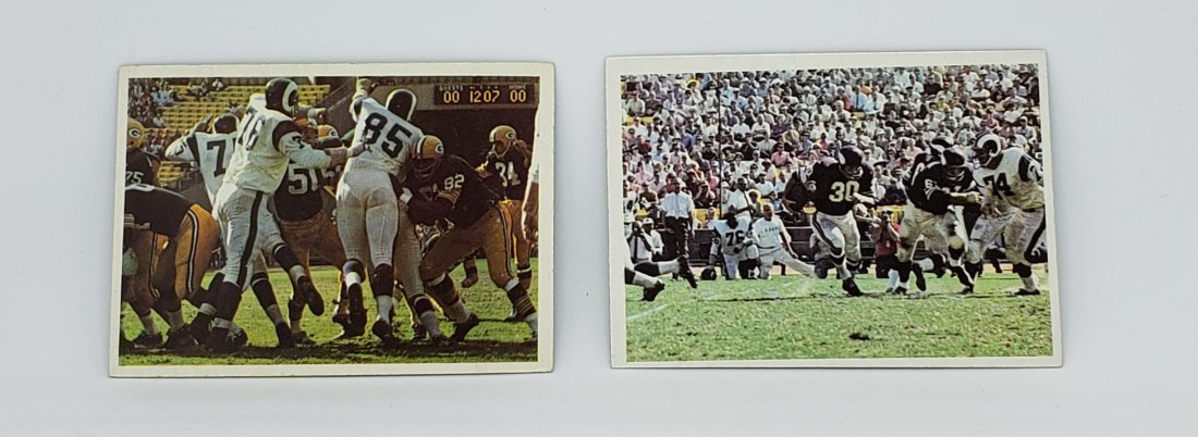 VINTAGE 1966 PHILADELPHIA FOOTBALL CARDS: LA RAMS TEAM ACTION CARD #91 VS GREEN BAY PACKERS, CARD #117 VS MINN. VIKINGS