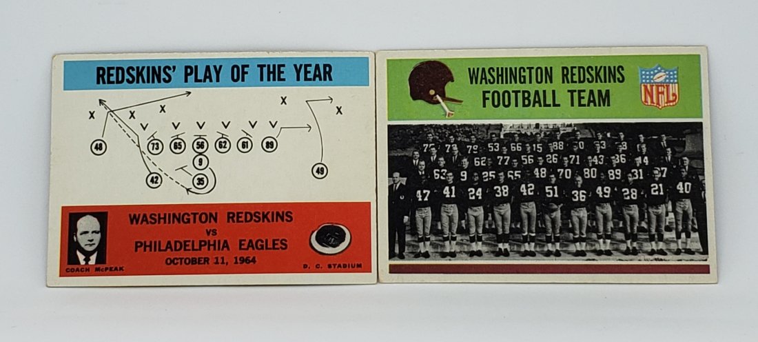 VINTAGE 1965 PHILADELPHIA FOOTBALL CARDS: WASHINGTON REDSKINS TEAM PHOTO + COACH BILL MCPEAK PLAY OF THE YEAR