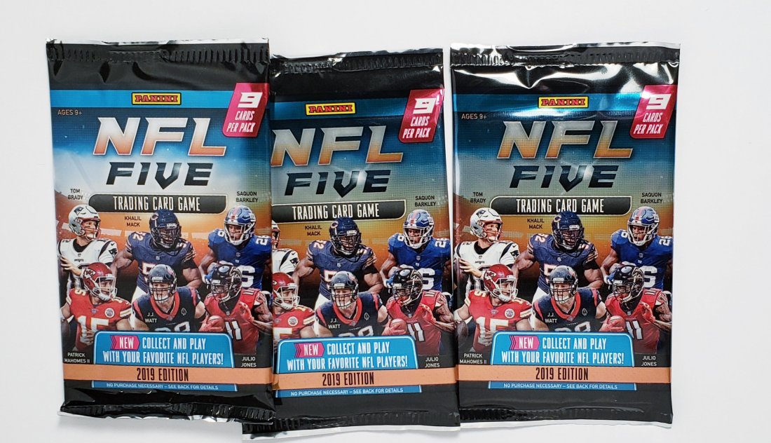 (3) PANINI NFL FIVE TRADING CARD PACKS + STARTER DECK: PANINI JUMPS INTO THE TCG WITH ITS INAUGURAL NFL FIVE TCG GET 3 PACKS FROM BOOSTER BOX PLUS 1 55 CARD STARTER DECK WITH INSTRUSTIONS, FOILS AND RARES PLUS 1-GAME MAT