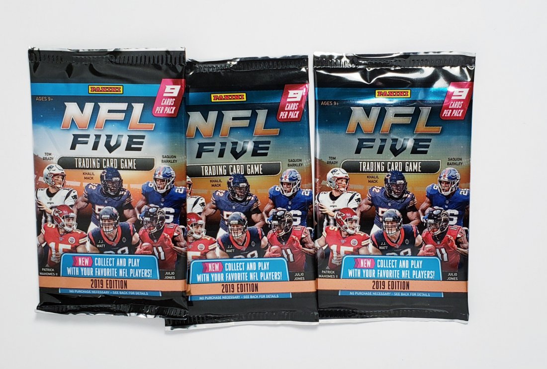 (3) PANINI NFL FIVE TRADING CARD PACKS + STARTER DECK: PANINI JUMPS INTO THE TCG WITH ITS INAUGURAL NFL FIVE TCG GET 3 PACKS FROM BOOSTER BOX PLUS 1 55 CARD STARTER DECK WITH INSTRUSTIONS, FOILS AND RARES PLUS 1-GAME MAT