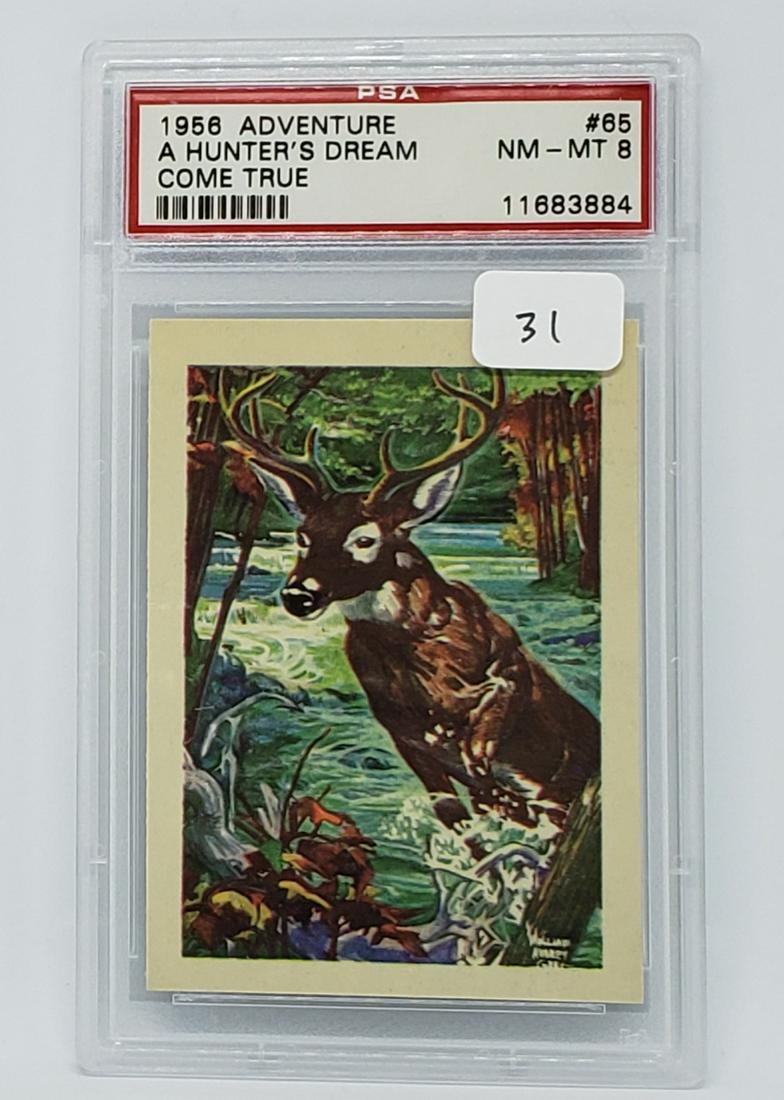 PSA GRADED 1956 GUM CO. INC ADVENTURE SERIES CARD: PSA 8 NM-MT ADVENTURE CARD #65 A HUNTER'S DREAM COME TRUE