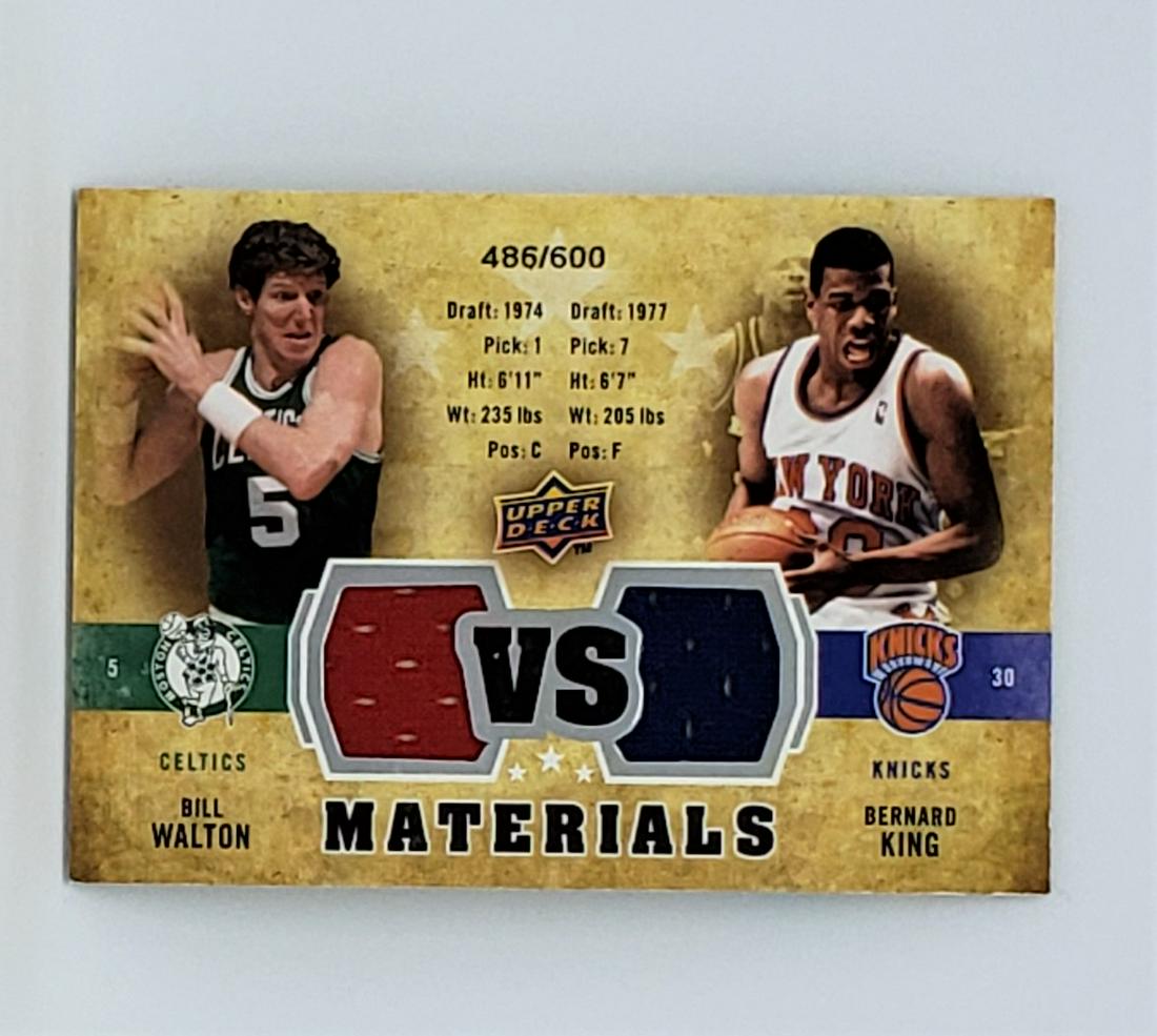 BILL WALTON, BERNARD KING NBA HOFER DUAL RELIC: 2009-10 UPPER DECK BASKETBALL BILL WALTON AND BERNARD KING PLAYER WORN JERSEY RELIC CARD NUMBERED 486/600