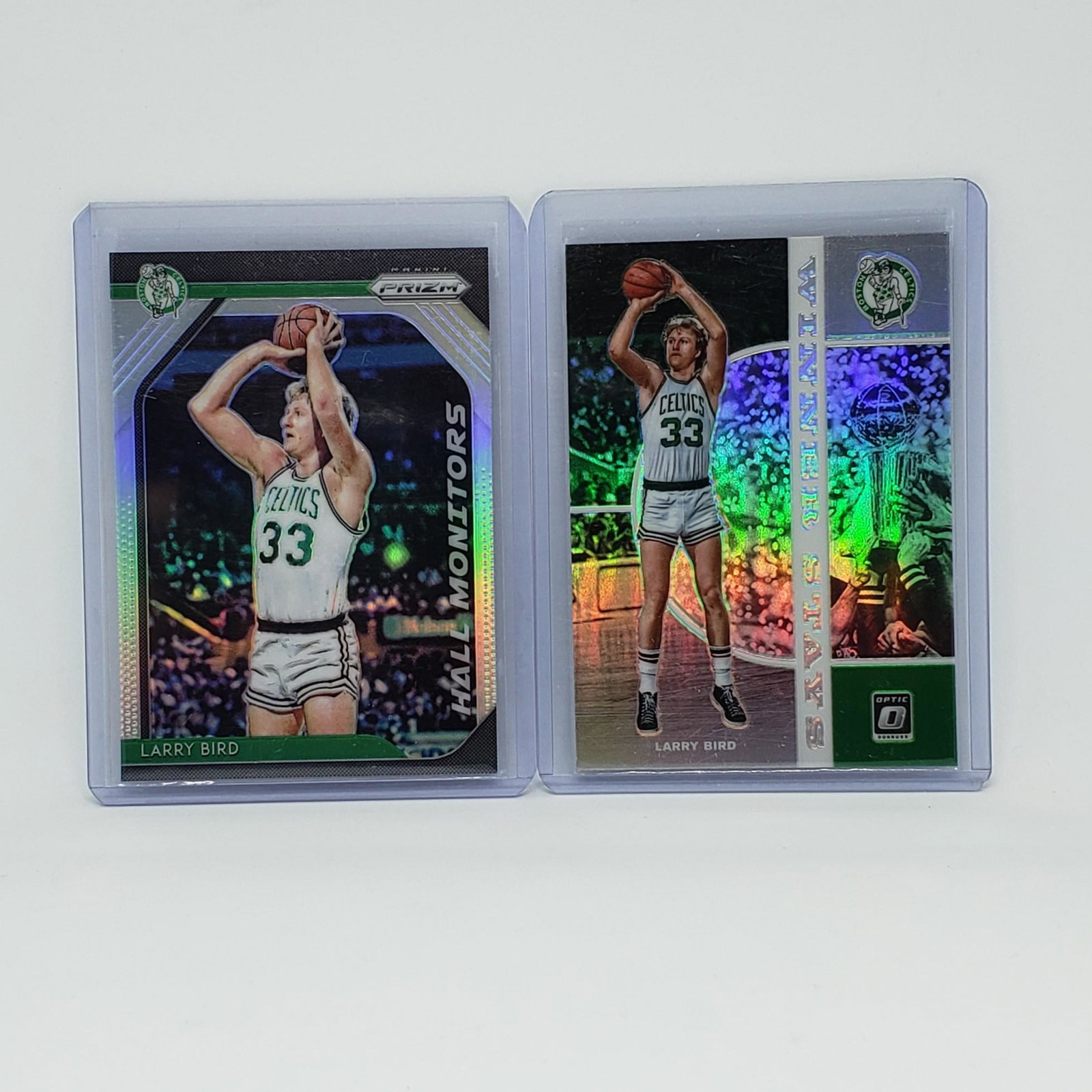 LOT OF 2 LARRY LEGEND BOSTON CELTICS SILVER PRIZMS: 2018 PRIZM HALL MONITORS + 2020 MOSAIC WINNER STAYS INSERT