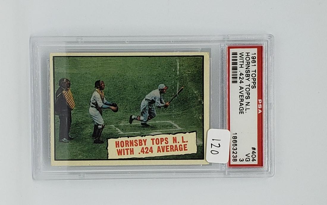 1961 TOPPS #404 ROGERS HORNSBY TOPS N.L. WITH .424 AVG.: 1961 TOPPS #404 ROGERS HORNSBY TOPS N.L. WITH .424 AVG. HOF PSA 3