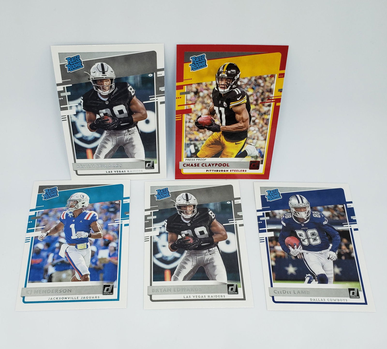 LOT OF 5 2020 DONRUSS FOOTBALL RATED ROOKIES: CHASE CLAYPOOL STEELERS RED PRESS PROOF, CEE DEE LAMB DALLAS COWBOYS