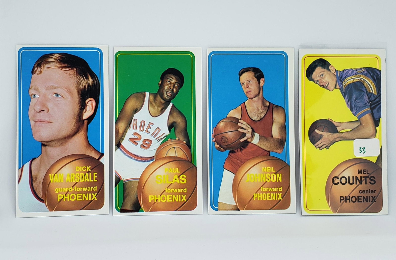 VINTAGE NBA BASKETBALL CARDS HIGH GRADE 1970 TOPPS TALL: LOT OF 4 PHOENIX SUNS CARDS WITH PAUL SILAS AND MEL COUNTS